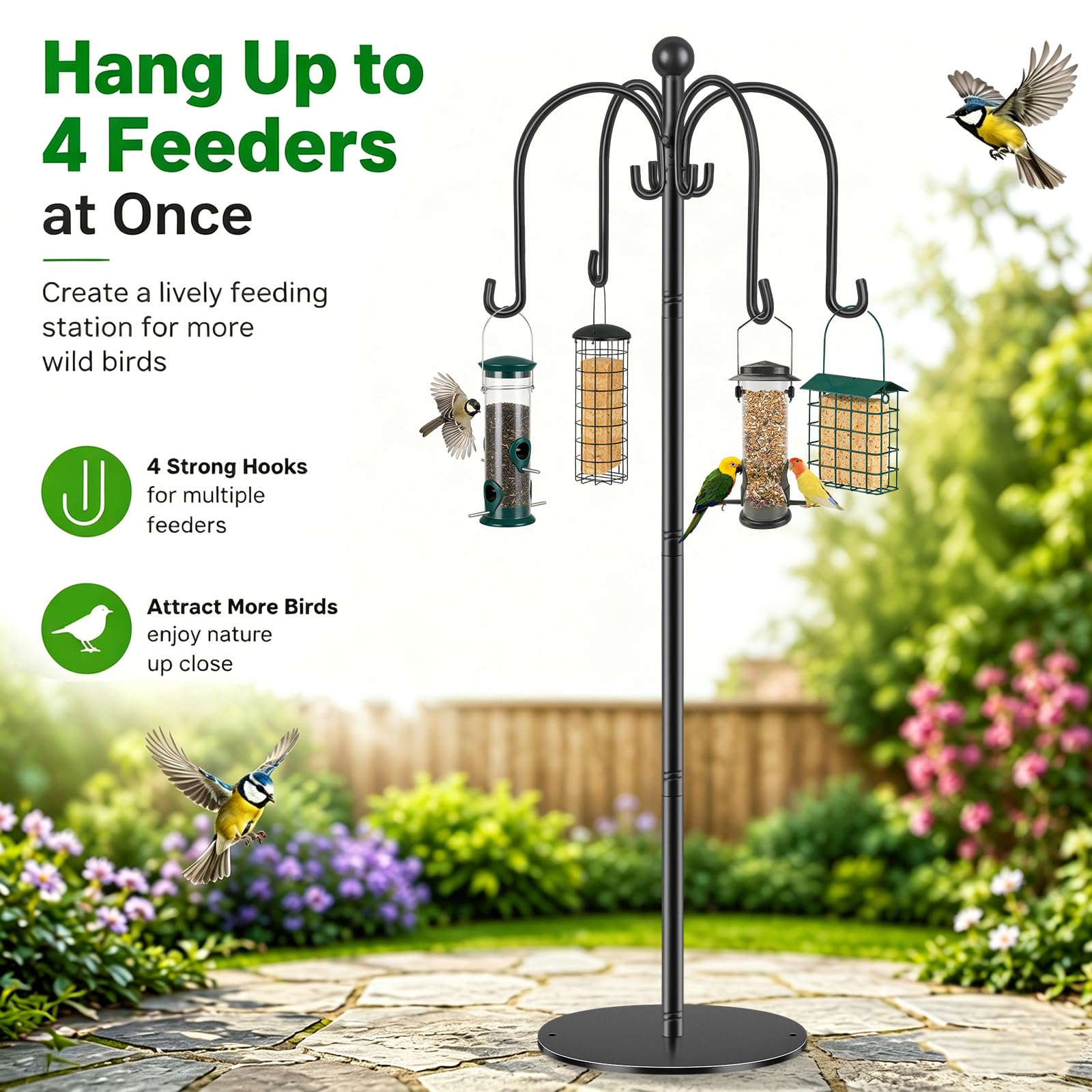 Vogelfutterspender Hängestation, 188 cm, Vogelfutterstation mit 4 Haken, robuste Futterstation für den Garten, freistehende Schäferhaken, Ganoven für Hängelampen, Körbe