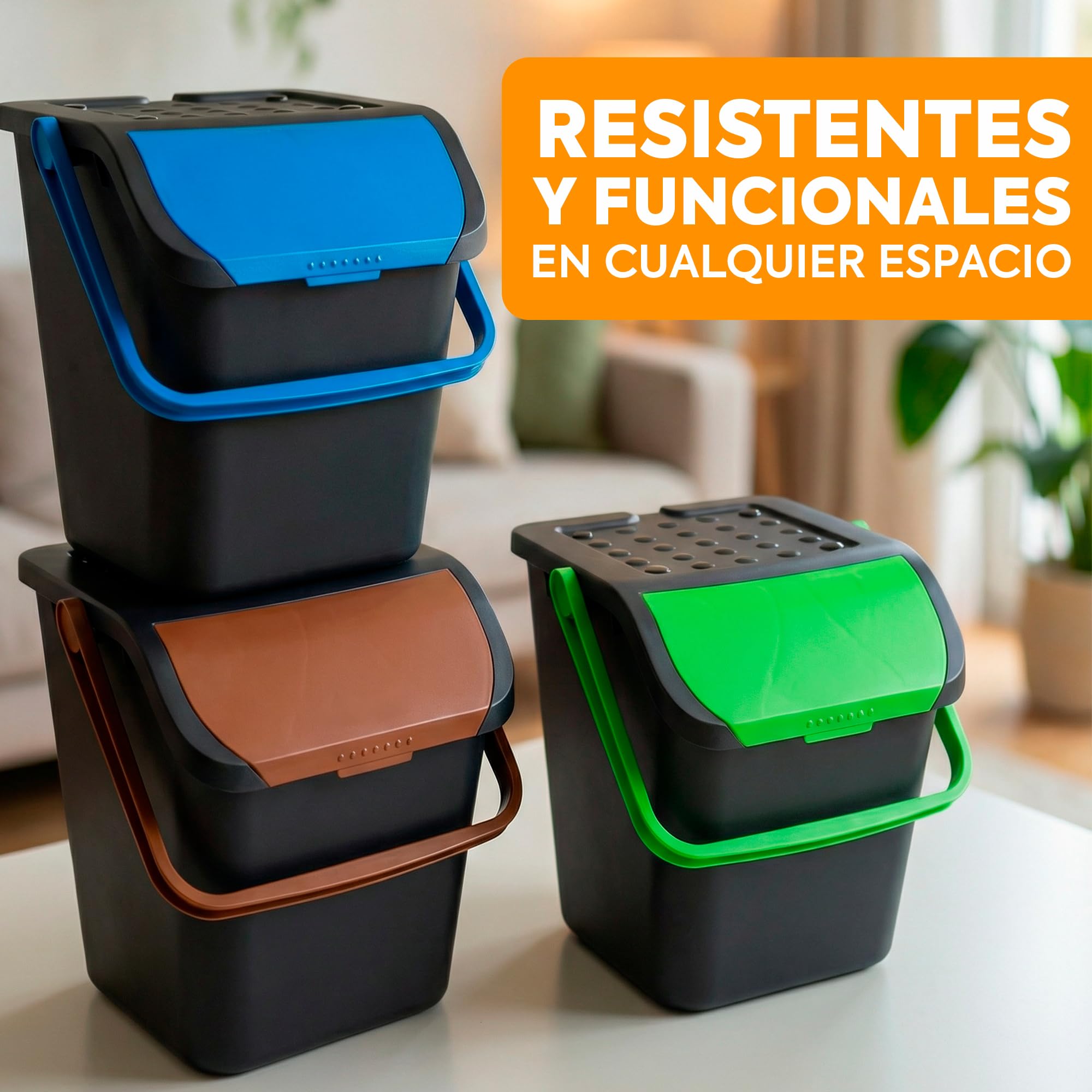 Pack 3 Cubos Basura 35 Litros Multicolor | Tapa Apilable Cocina