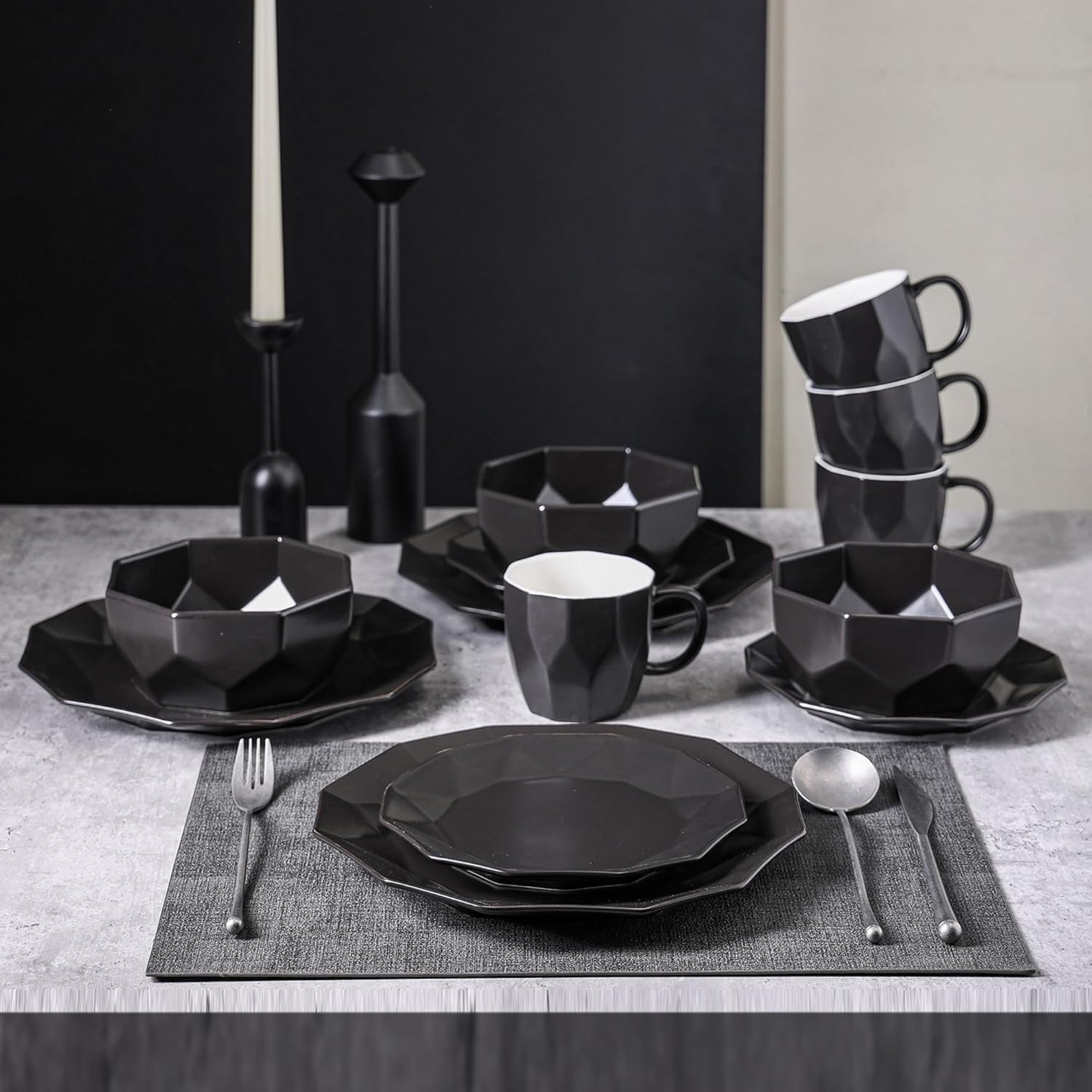 Stone + Lain Jamie Porcelain 16-Piece Geometric Dinnerware Set, Black