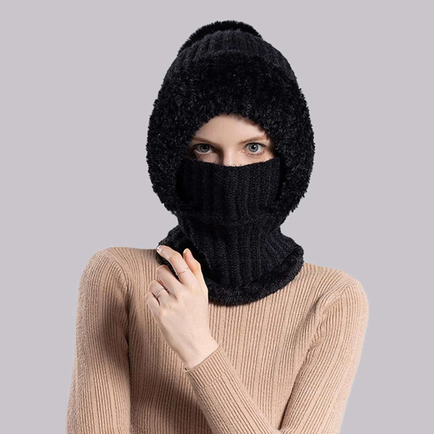 Women’s Knitted Beanie Hat with Face Cover - 3 in 1 Winter Balaclava with Mask Scarf Ear Muffs Pompom Fleece Lined Snow Caps - Image 2