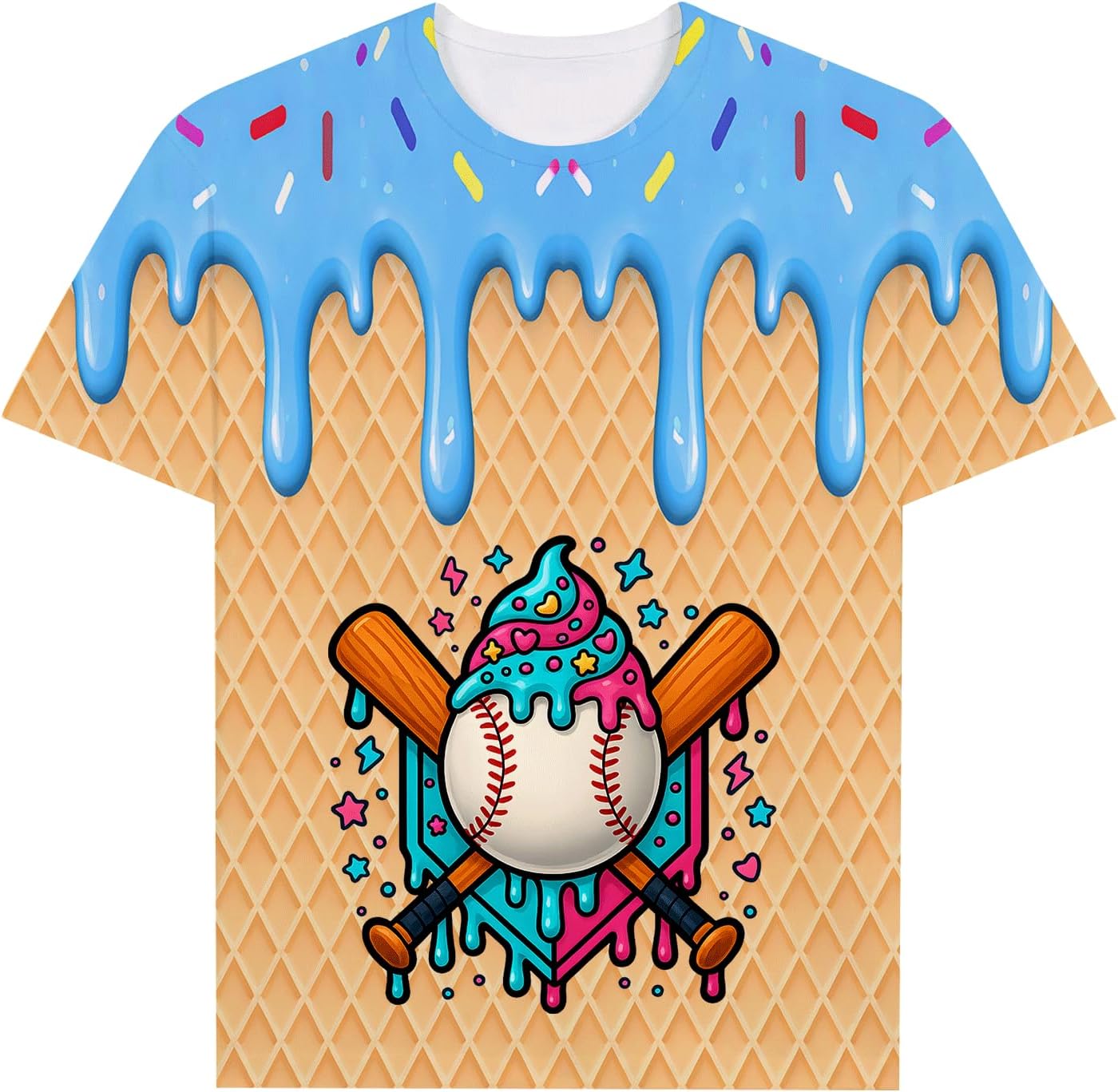 Kids Youth Sports Drip Ice Cream T-Shirt, Waffle Cone Graphic Tee, Unisex Boys Girls Teen Short Sleeve