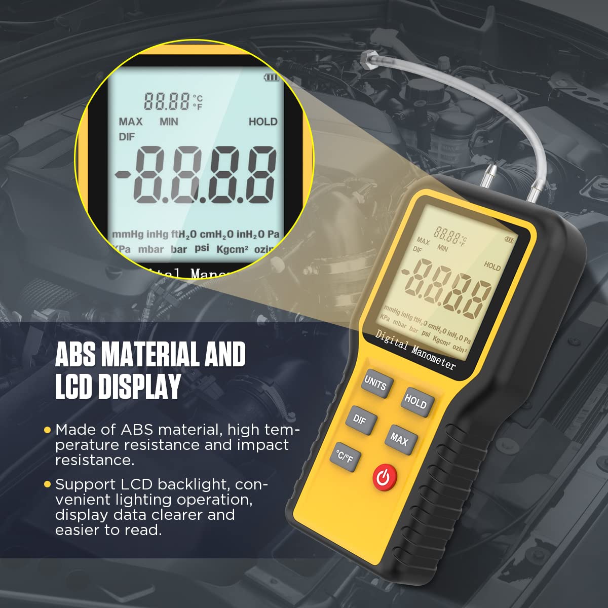 Manometer, 12 Selectable Units Differential Pressure Gauge, DualPort