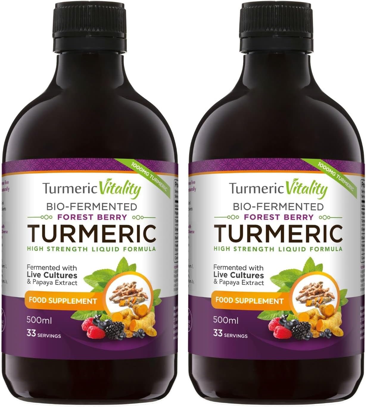 Bio-Fermented Turmeric with Bio Cultures and Papaya Enzymes - Fermented High Strength Liquid Turmeric Supplement with Black Pepper & Ginger Equivalent to 2 Turmeric Capsules - 2 Pack