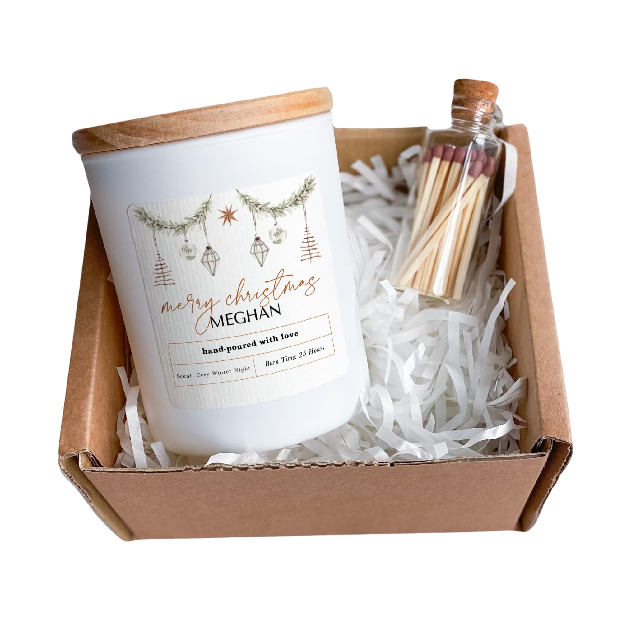 Merry Christmas Scented Candle with Name Gift For Her Him Personalised Gift Set for Her Him Cosy Vegan Xmas Present Friend Corporate Company