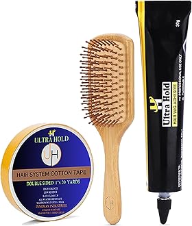 UltraHold Starter Kit – Waterproof Wig Glue Tube (30g), Cotton Hair Patch Tape (20m) & Wooden Paddle Hair Brush | Strong Hold Adhesive, Durable Tape & Detangling Comb for Hair Patch & Wig Care