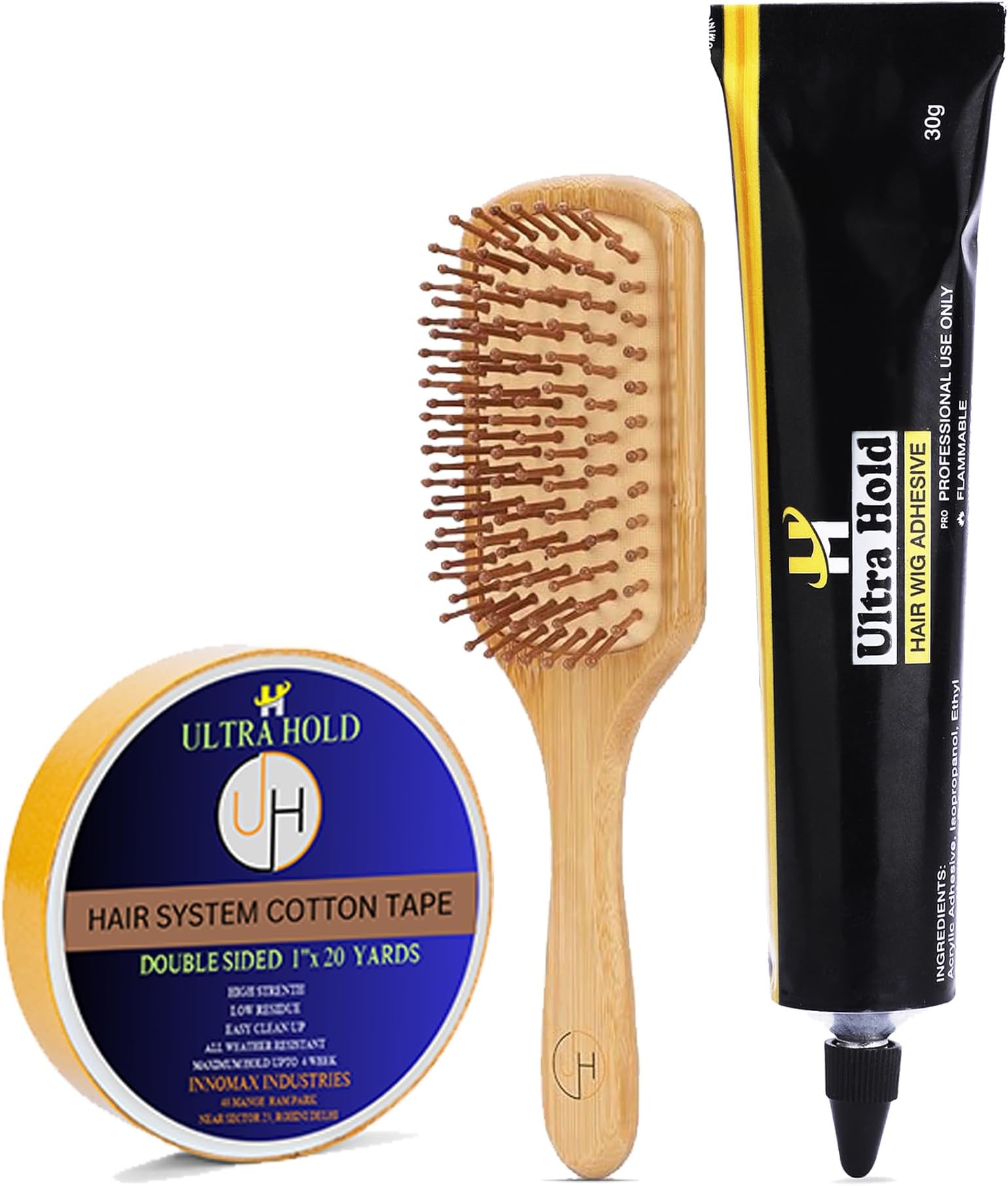 UltraHold Starter Kit – Waterproof Wig Glue Tube (30g), Cotton Hair Patch Tape (20m) & Wooden Paddle Hair Brush | Strong Hold Adhesive, Durable Tape & Detangling Comb for Hair Patch & Wig Care