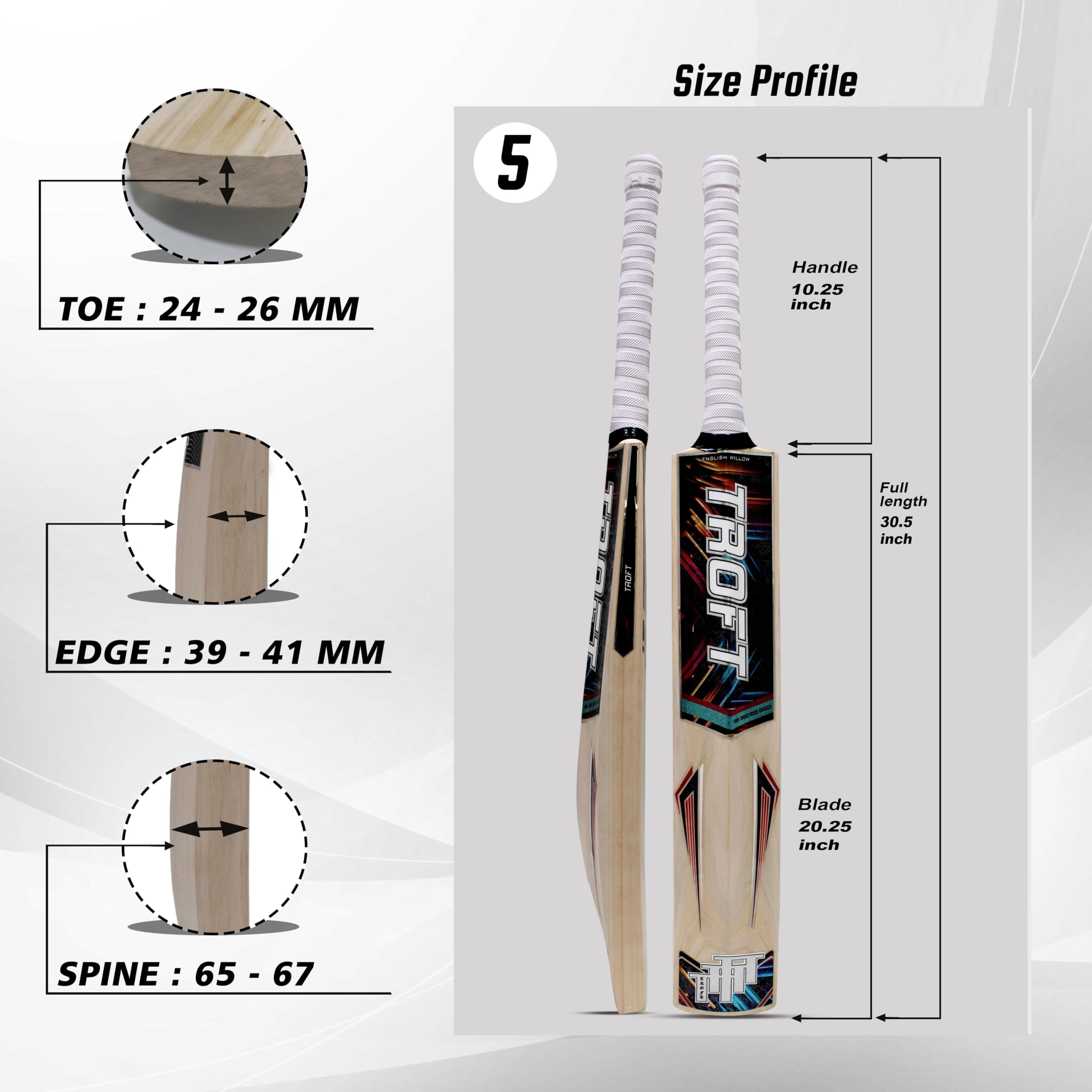 Troft Maximus Grade 1 English Willow Cricket Bat | Premium Grade English Willow Bat with Large Sweet Spot & Thick Edges | Professional Match & Practice Bat (Size SH | 33.5 in) 2