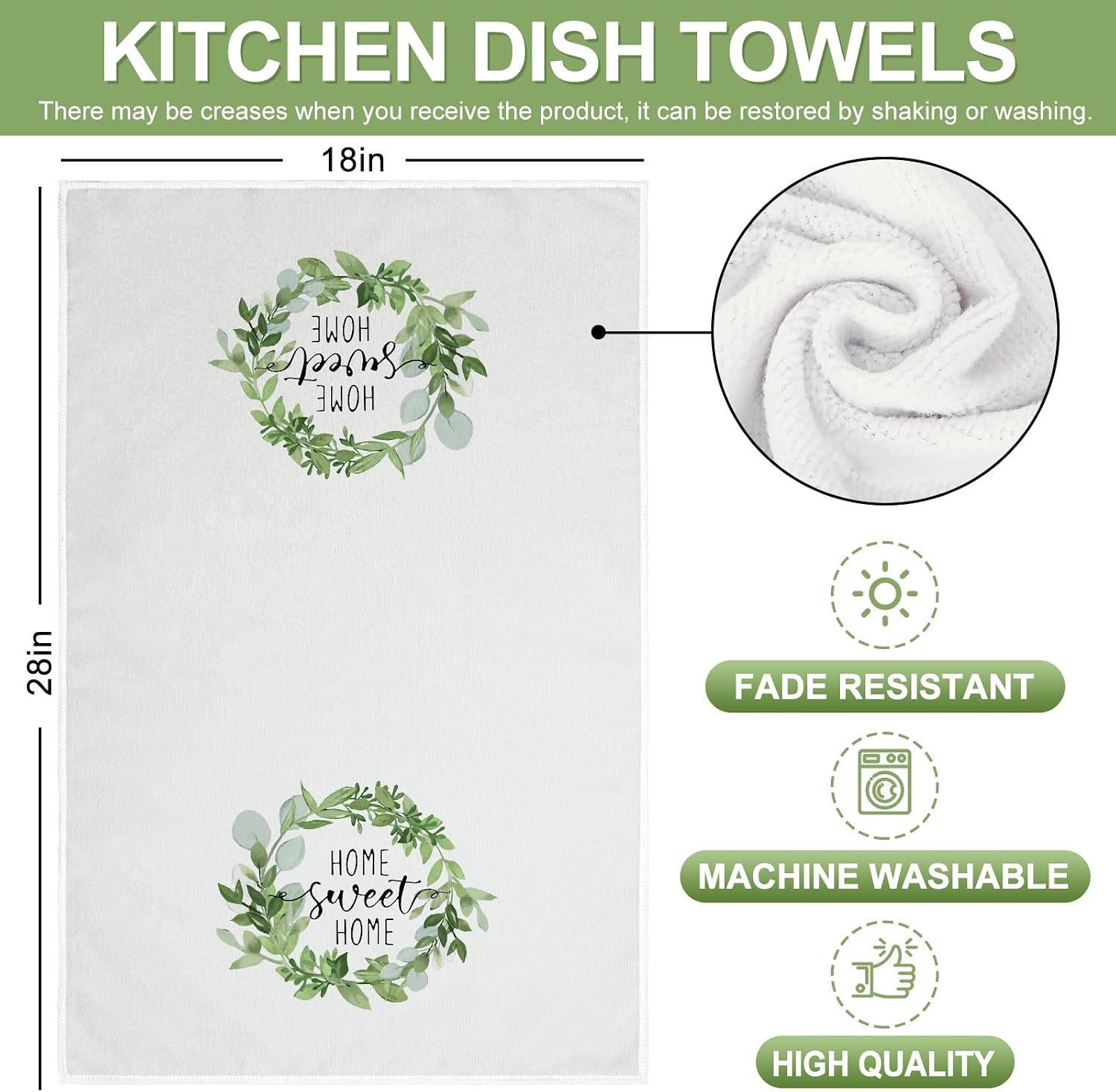 Whaline Greenery Kitchen Towel 18 x 28 Inch Watercolor Green Leaves Dish Towel Home Sweet Home Eucalyptus Hand Drying Tea Towels for Spring Summer Baking Cooking Cleaning Party Supplies, 2Pcs image 2