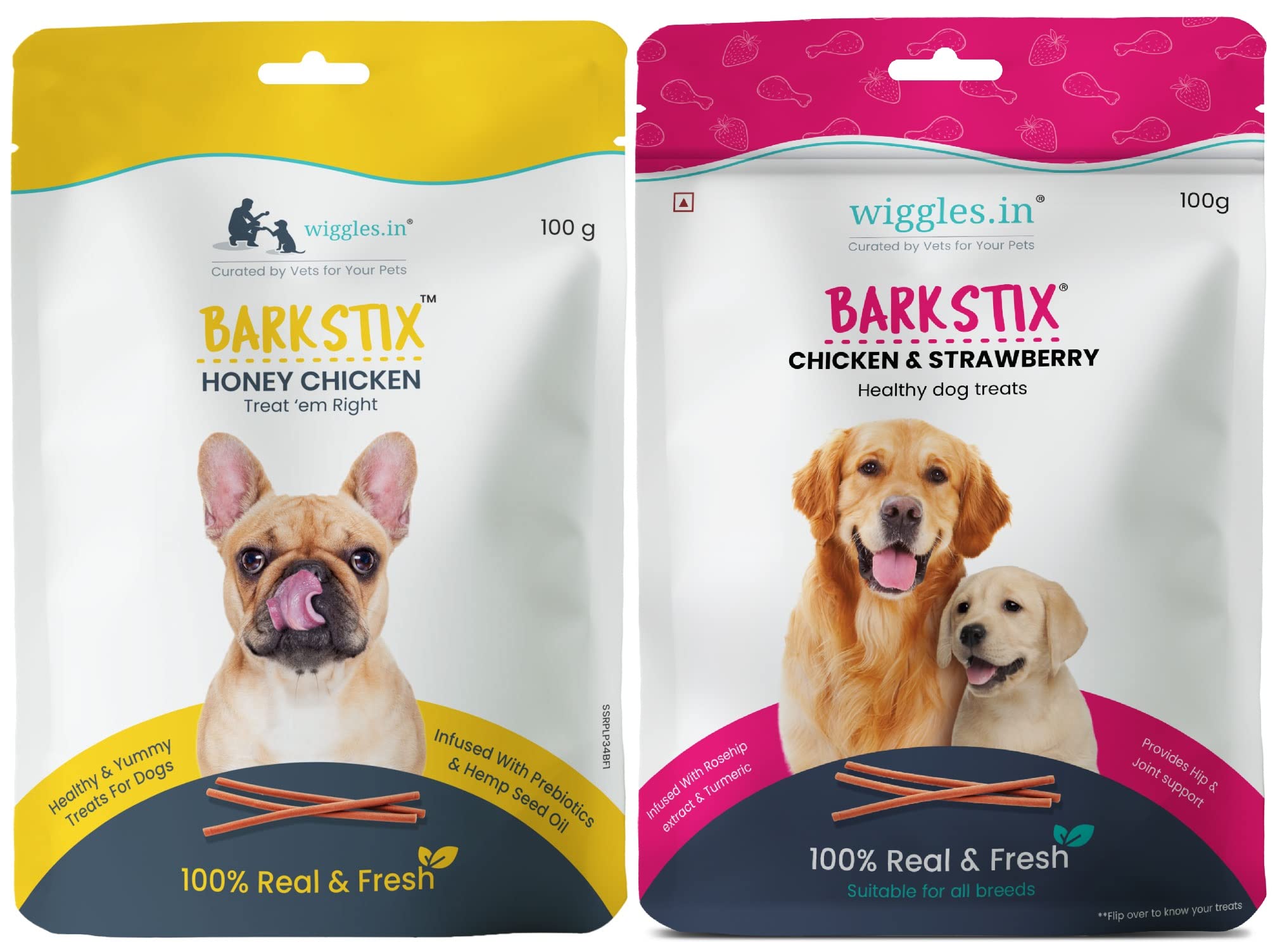 WIGGLES Barkstix Dog Treats for Training Adult Puppies, 200g - Soft Chew Stick Hip, Brain Support - Turmeric, Green Tea (Honey Chicken - Chicken & Strawberry)