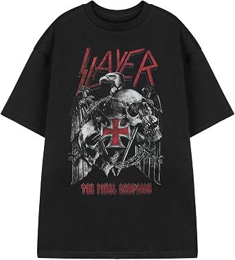 Slayer The Final Campaign Eagle Logo Graphic Tee | Retro Black Short Sleeved Shirt with Eagle Print for Metalheads | Casual Rock Band Tee for Him