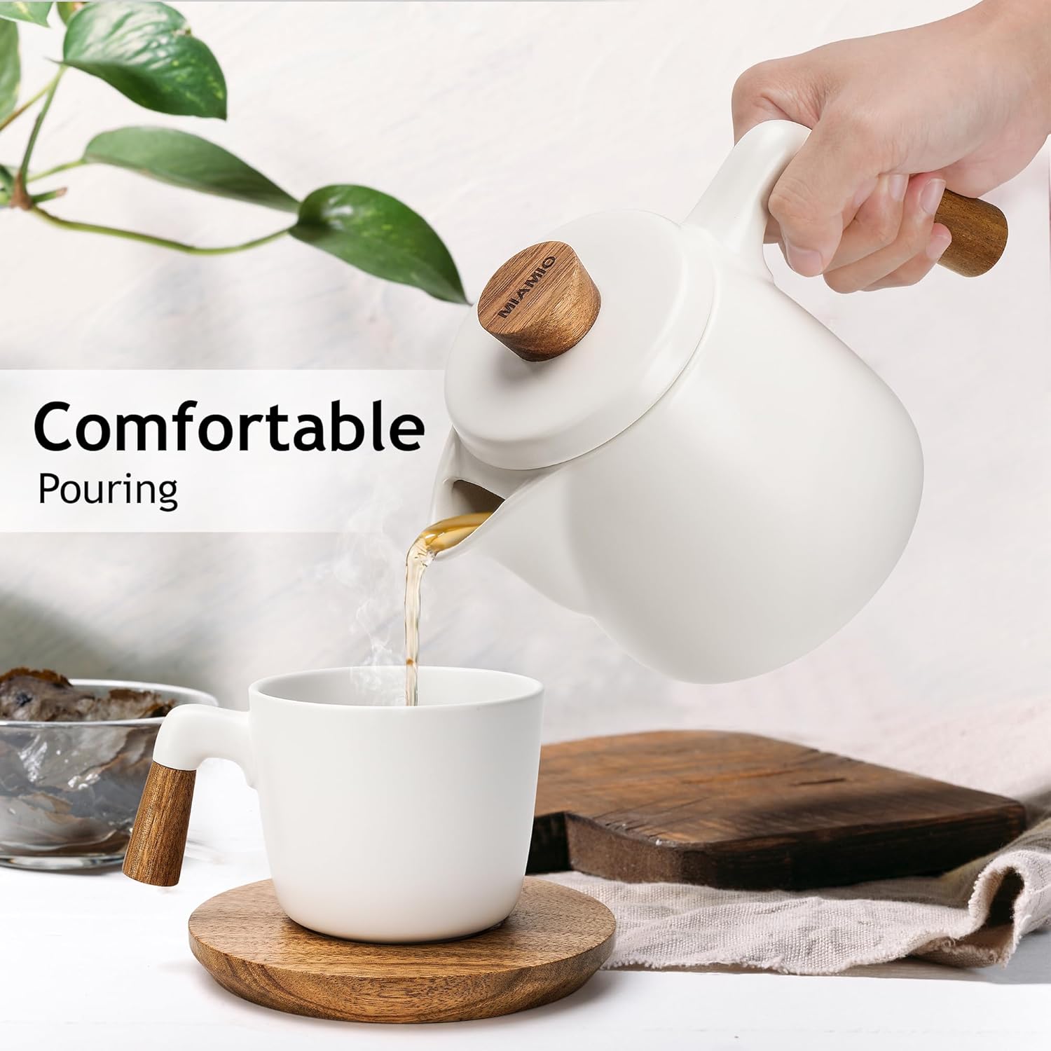 MIAMIO - Teapot Set with Warmer / 34 oz Tea Kettle with Infuser for Steeping Loose Tea Leaves - Gift for Women/Tea Lovers (White)