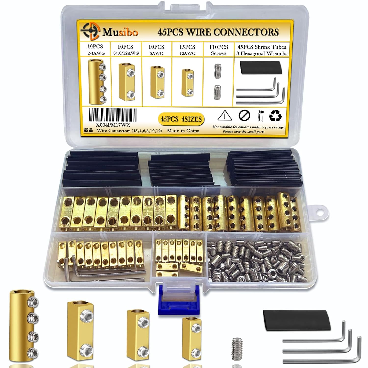 45pcs 2, 4, 6, 8, 10, 12AWG Wire Connectors, Quick Wiring Connection Terminal, Circuit Connector Wire Connector with Screws, Heat Shrink Tubes & Wrench, for household appliances and the power industry