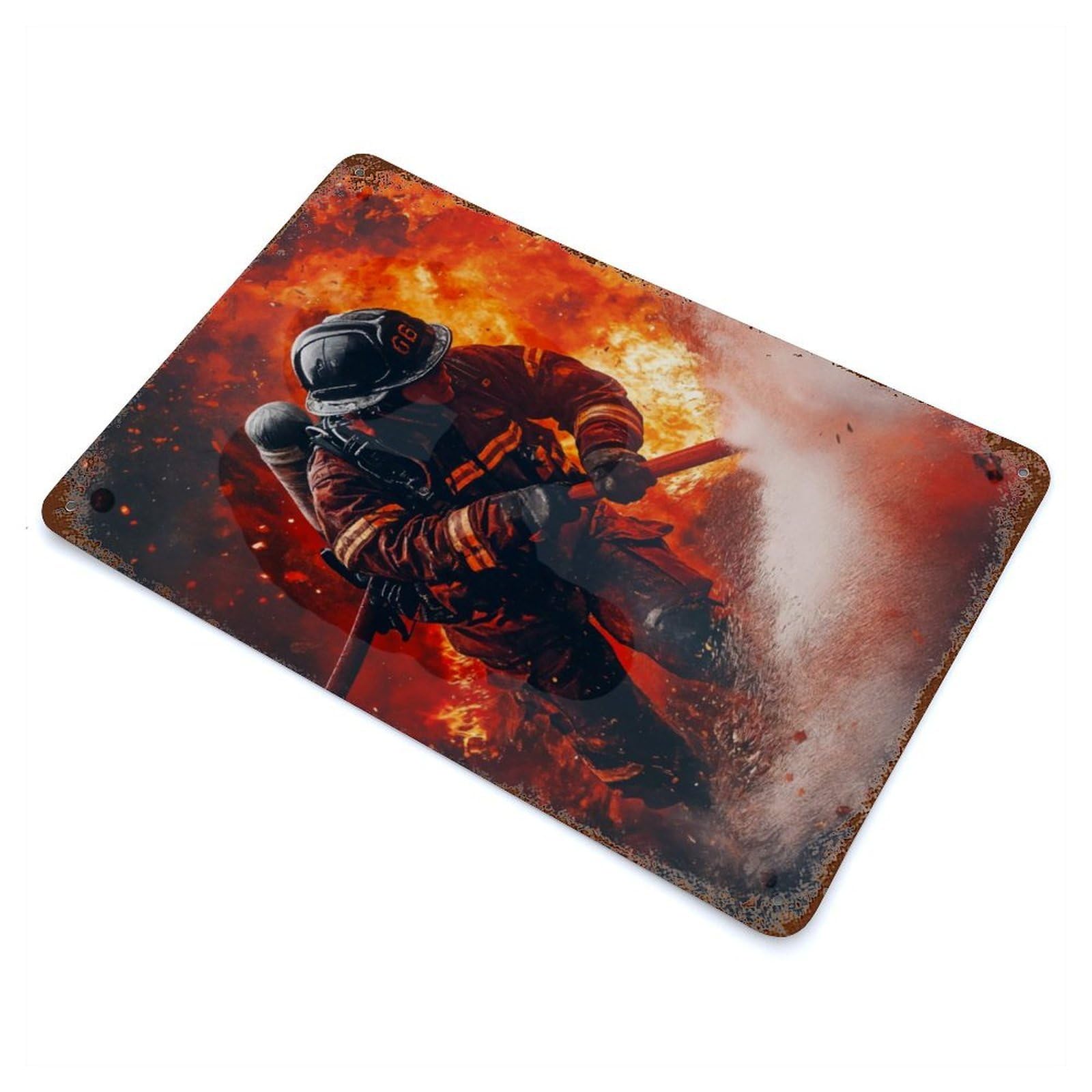 Firefighter in Action Vintage Wall Sign 11.8"x7.9", Rust Effect Metal Decor for Basement, Hobby Room And Garage Decor