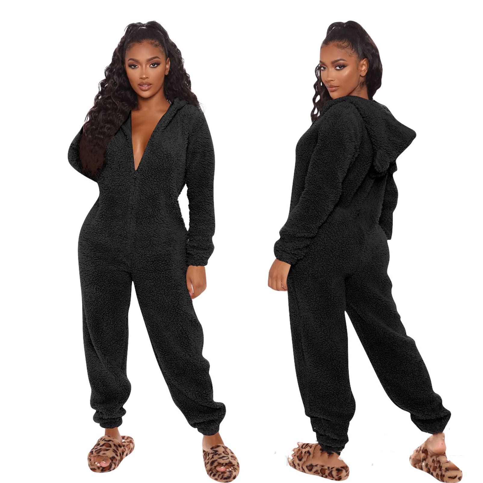 CUTTE Damen-Pyjama, Lässiger Overall mit Kapuze Fleece Langärmlig Heimkleid Nachtwäsche Herbst-Winter Niedliche Nachtwäsche