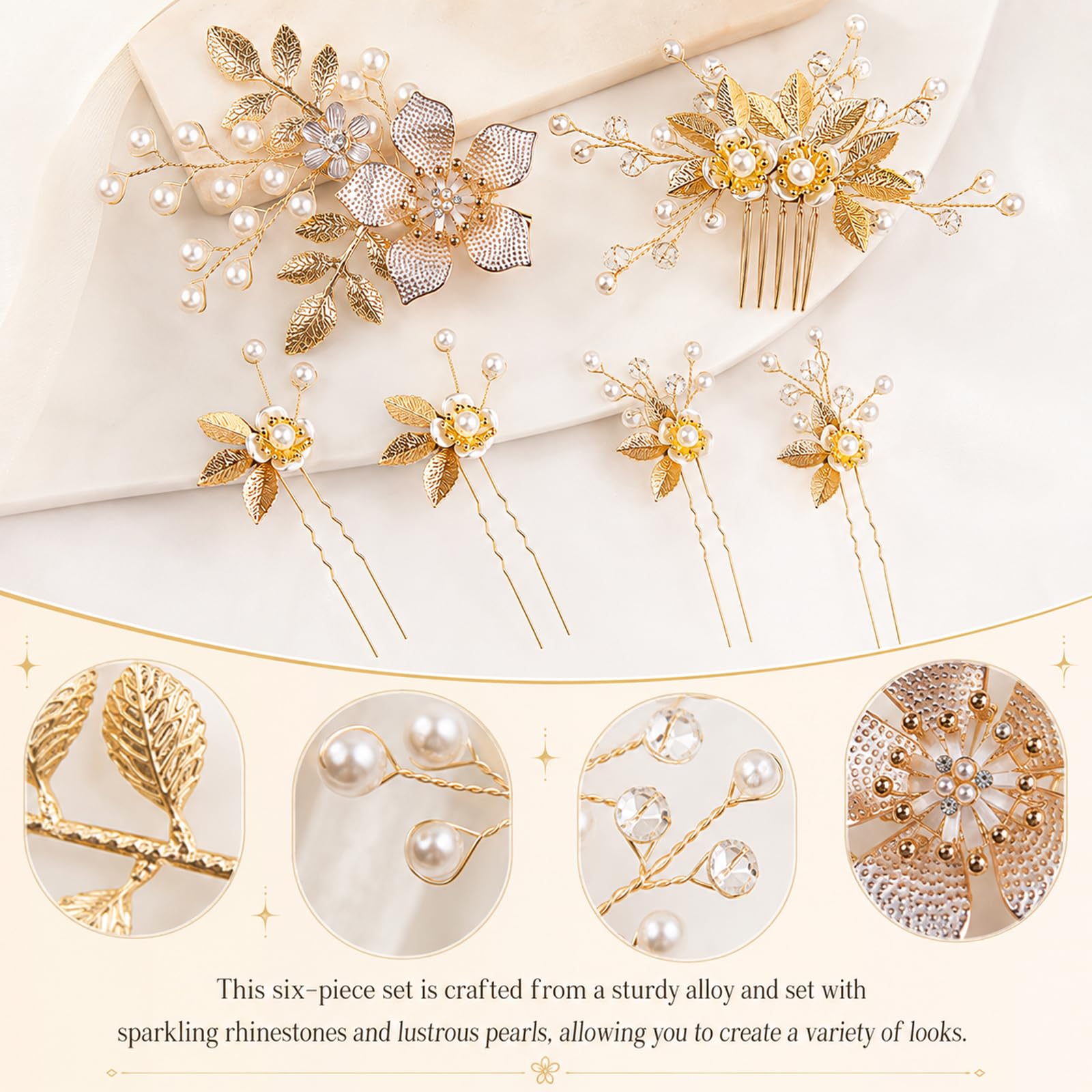6 forcine per capelli da sposa, accessori per capelli da sposa, set di pettini per capelli con perle, oro