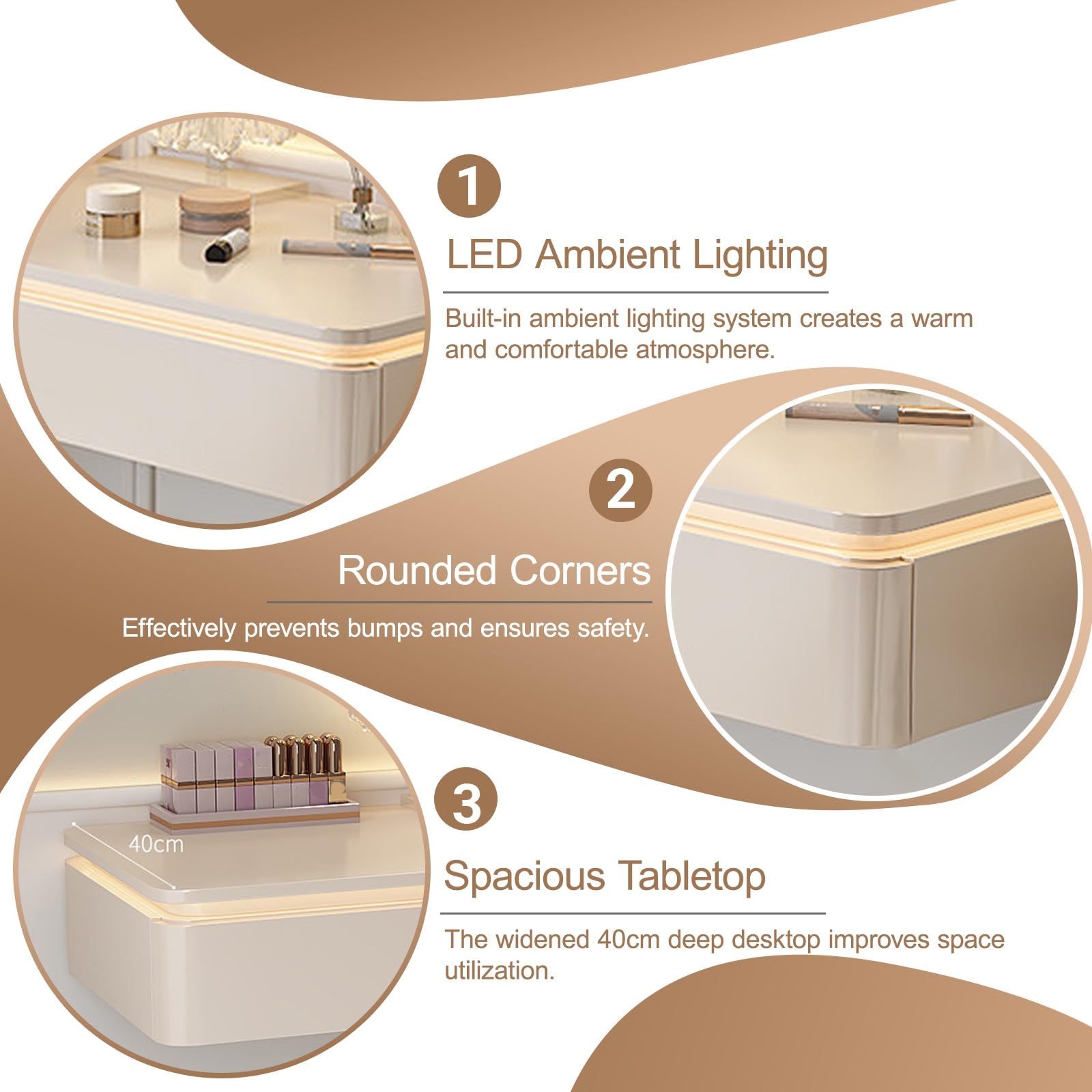Tavolo da Trucco a Parete con vano portaoggetti, per organizzare Trucchi e Gioielli, con Luce LED a sensore, Ideale per Camera da Letto, Soggiorno e Ufficio (Nero, 80 cm/31,5 Pollici)