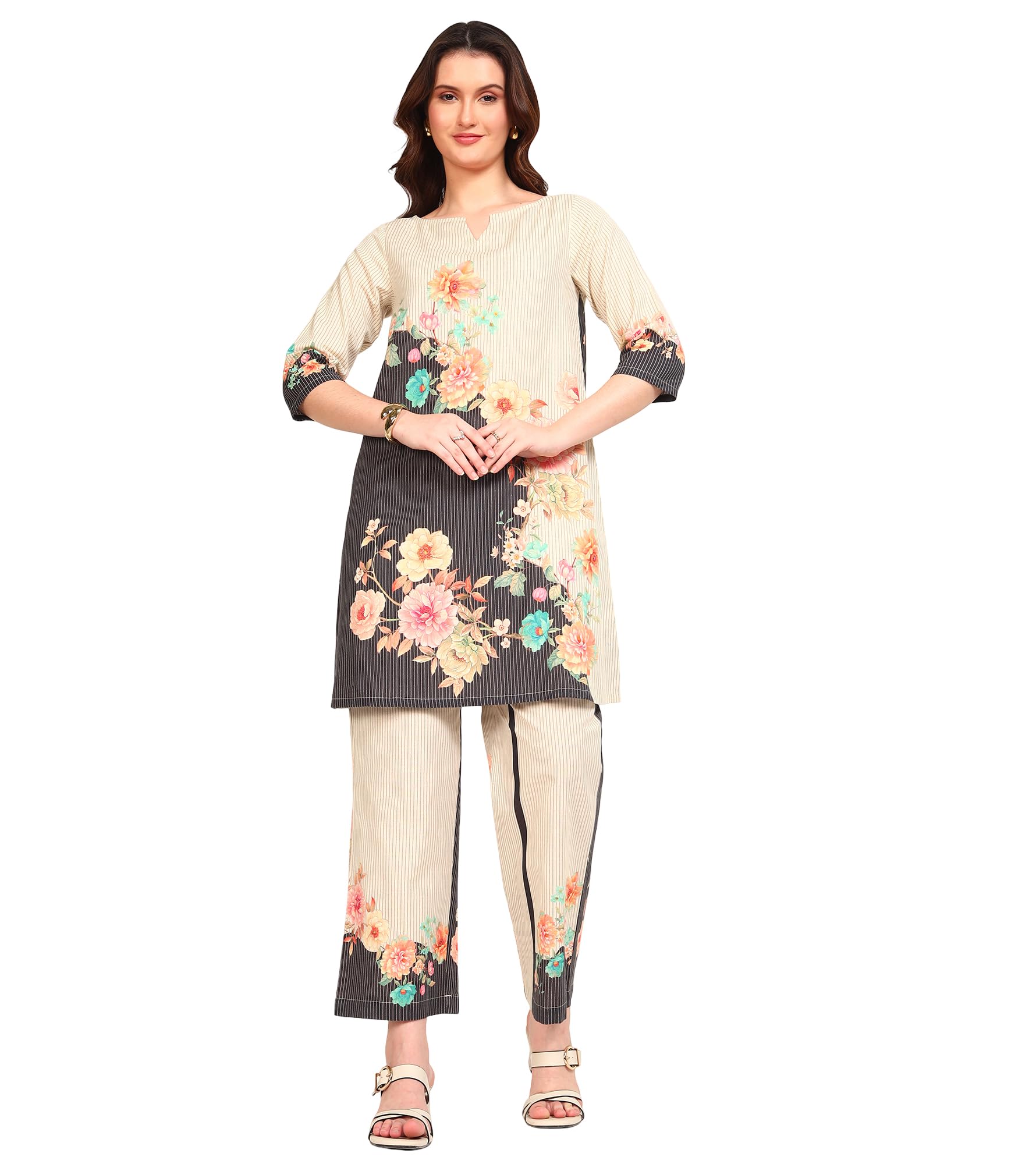 Floral Patch Cotton Kurti with Pants Co-Ord Set for Women's|Boat with Keyhole Neck Half Sleeves Relax Fit Stylish Summer Western Casual Wear Ladies Trendy Cord Set