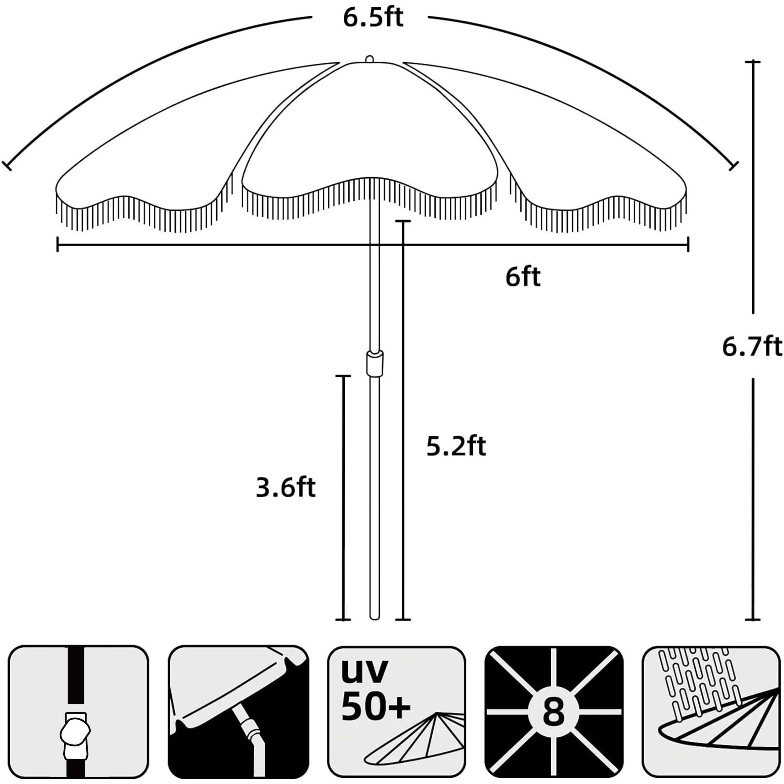 Parasol à Frange, Parasol Plage Parasol de Pique-Nique Boho à Franges, 2 m, UPF 50+, avec Pompons, mât en Acier et Bouton-Poussoir inclinable