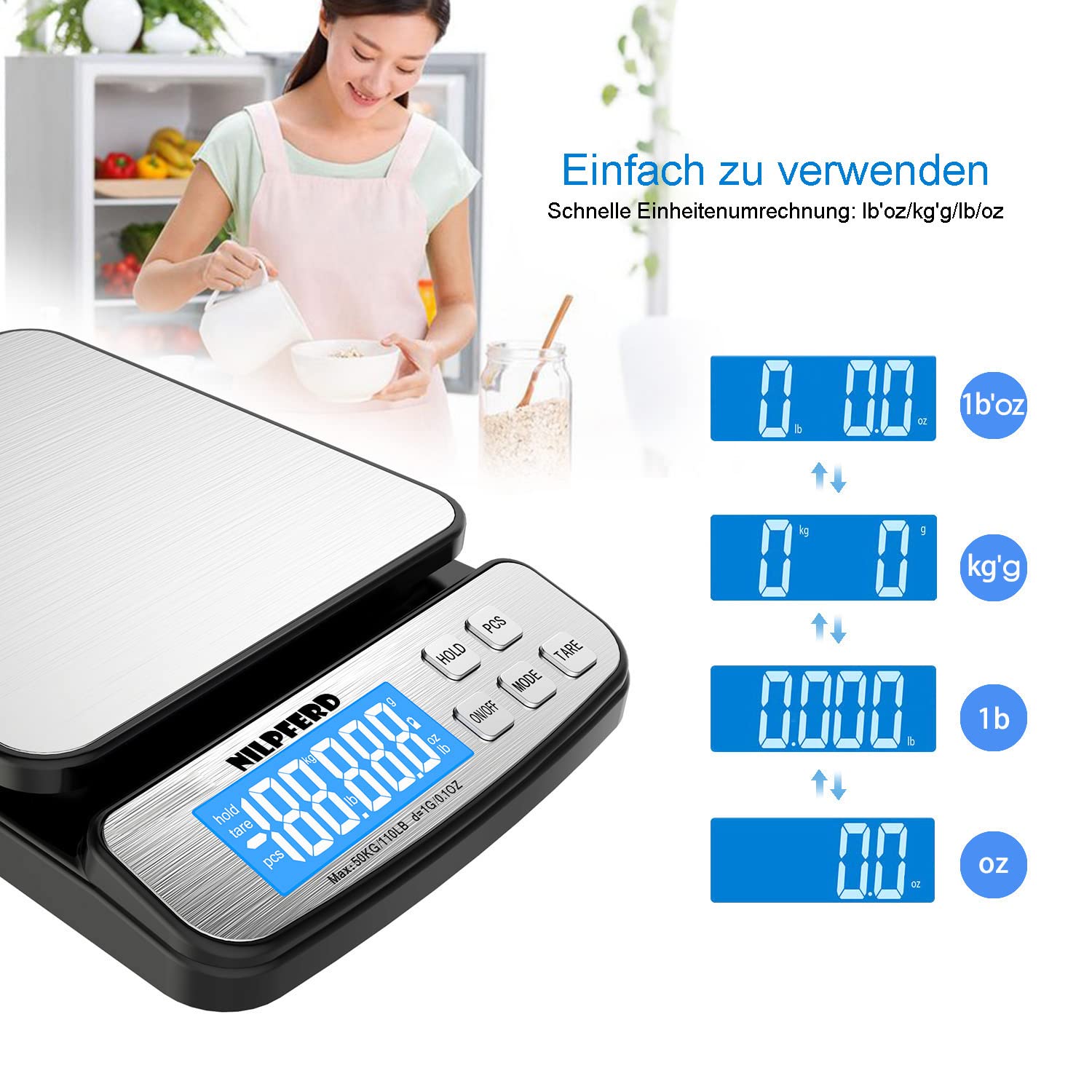 Nilpferd Bilancia digitale per pacchi fino a 50 kg, bilancia postale, bilancia da lettere, bilancia per tutti gli scopi (casa, ufficio, precisione grammatica, batterie incluse (argento)