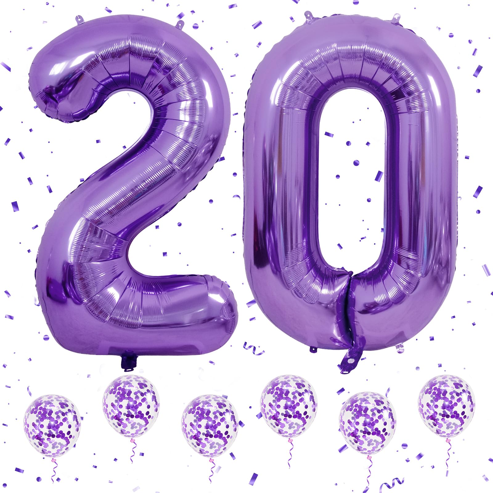 Number 20 Purple Balloons, 40 Inch Large Digital Helium Foil Mylar Birthday Balloons with 6Pcs Purple Confetti for 20th Anniversary Party Decorations