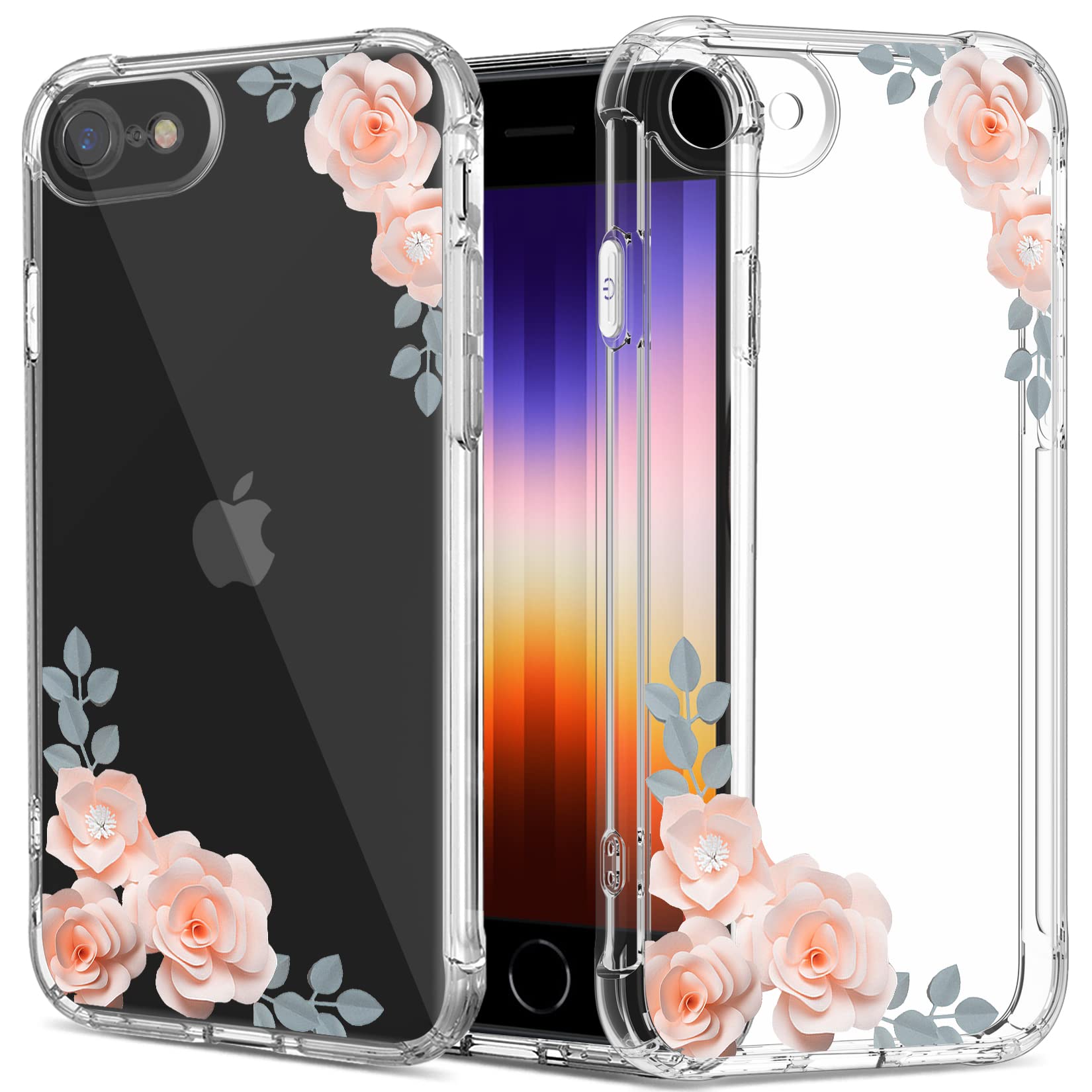 GREATRULYFloral Clear Case for iPhone SE 2022/2020 (3rd/2nd Generation SE3/SE2) & iPhone 8/7 for Women/Girls,Pretty Flower Design Silicone Phone Cover,Slim Soft Drop Proof TPU Protective Shell,FL-24