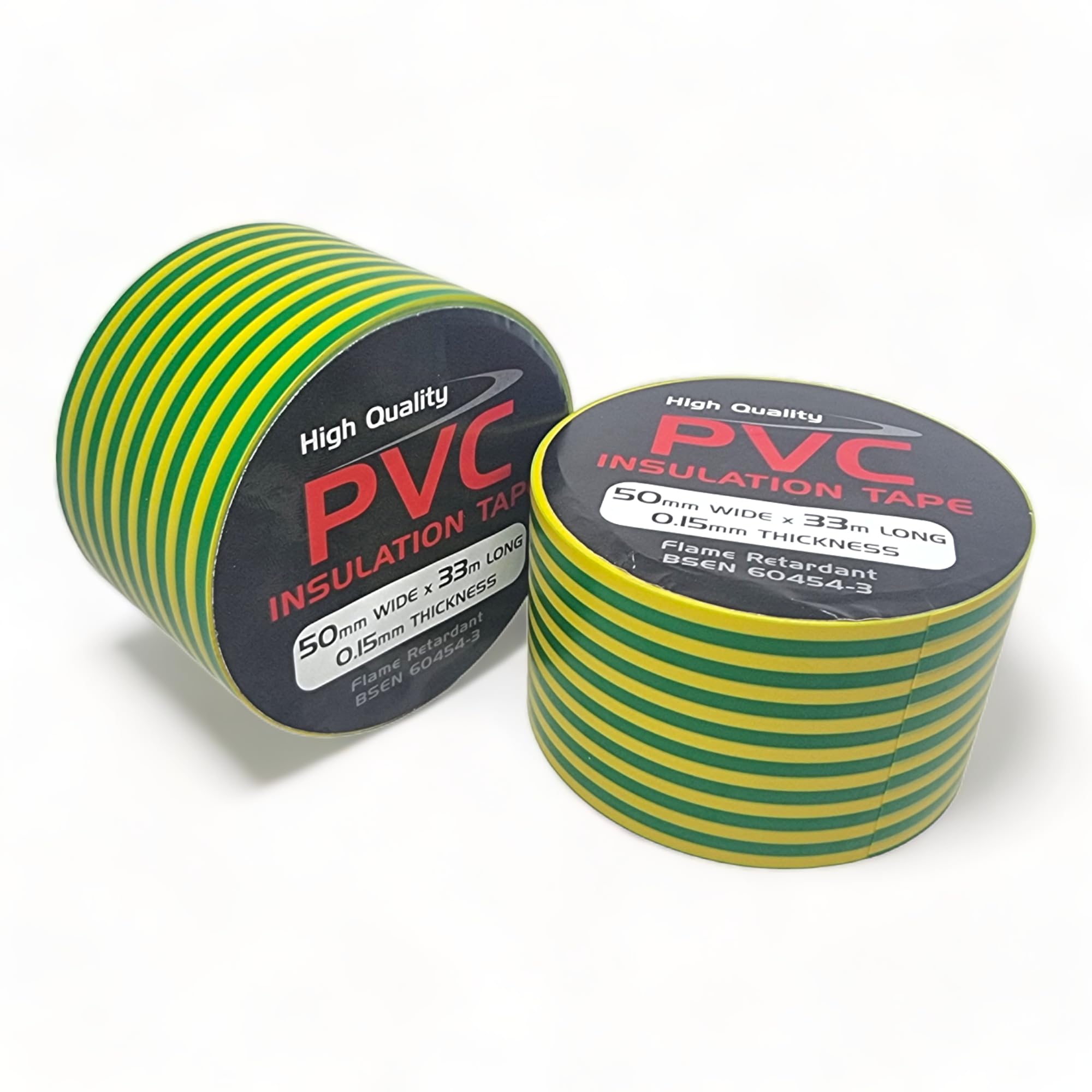 2 Rolls of Green/Yellow (Earth) PVC Electrical Insulation Tape, 33m Long x 50mm Wide, Adhesive Insulating Tape for Protecting Electrical Wires โ image 1