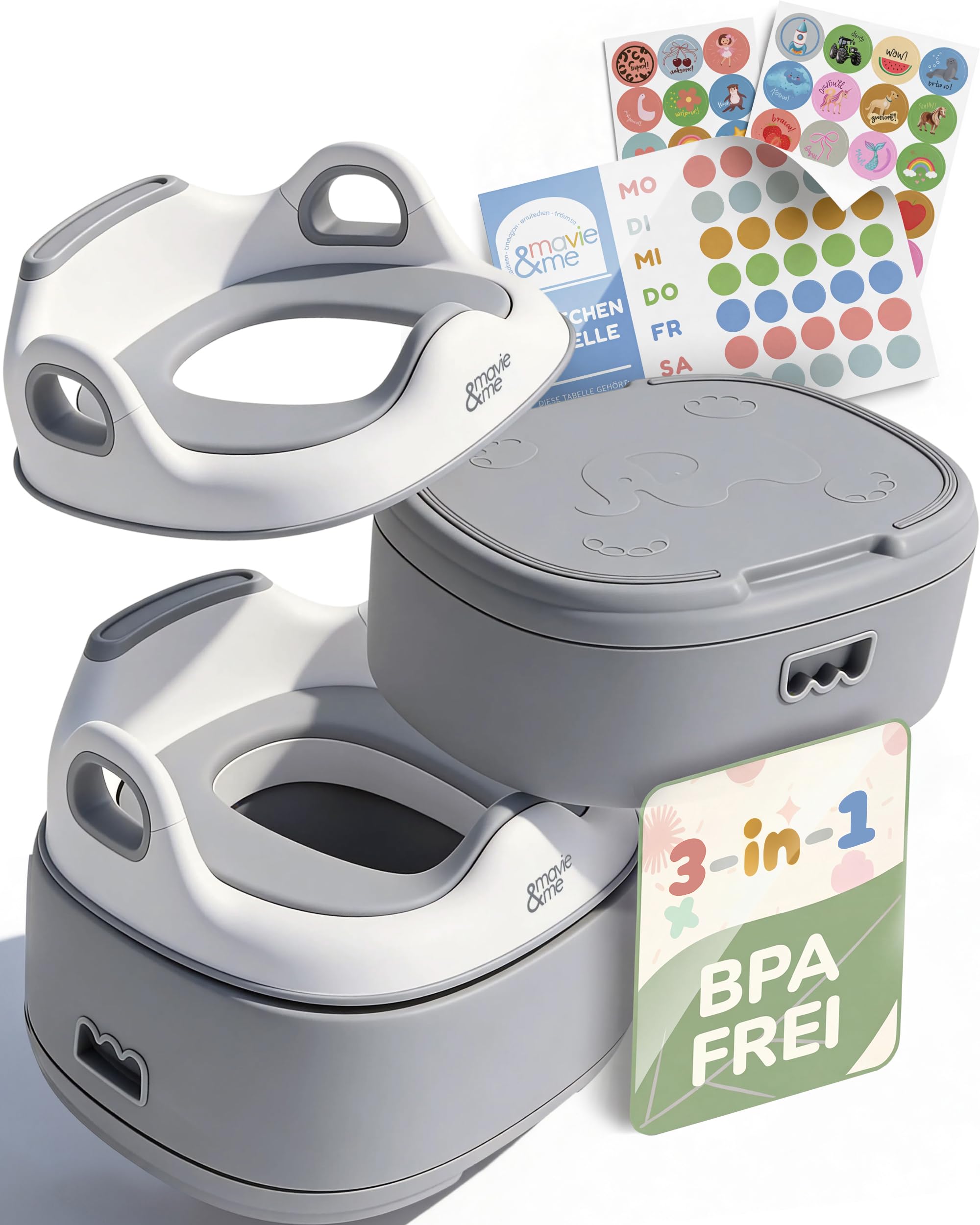 Töpfchen für Kinder 3-in-1 mit Toilettensitz & Tritthocker – Töpfchentraining Set für Kleinkinder – rutschfest & stabil bis 60 kg mitwachsend herausnehmbarer Innentopf – BPA frei (grau)