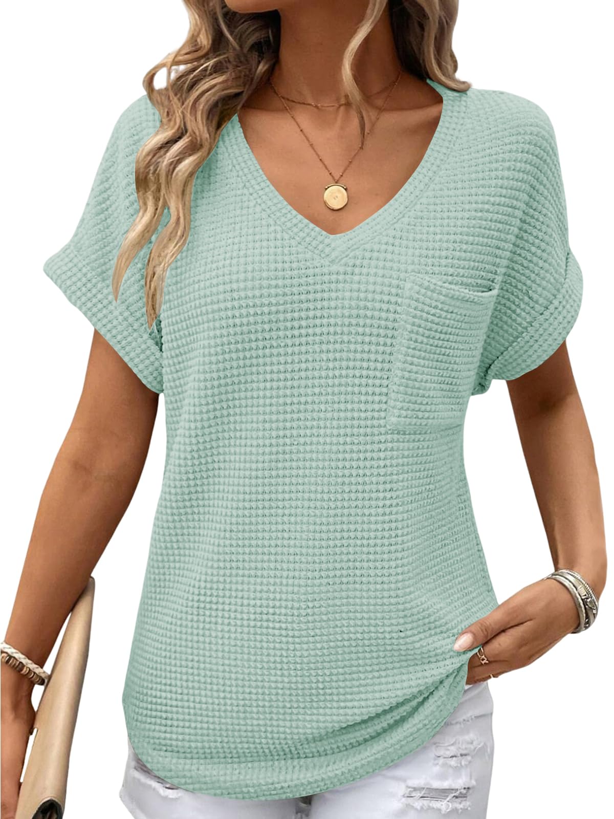 Cuptacc Tshirt Damen V Ausschnitt|Kurzarm,Waffle,Locker Sitzende Tunika Mit Brusttasche,Weiches Atmungsaktives Basic Oberteil Für Komfort Im Alltag