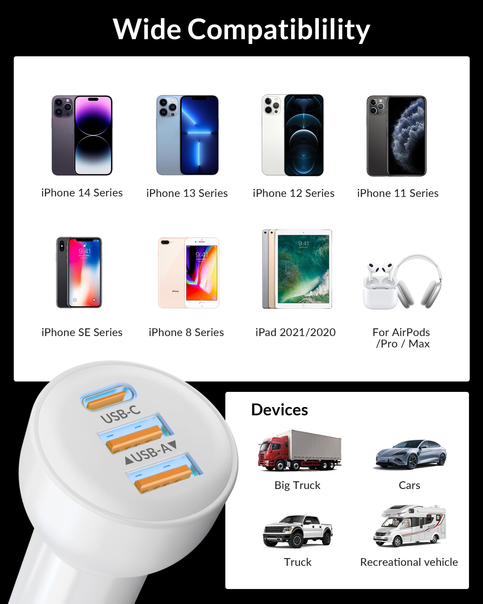 3-portowa szybka ładowarka samochodowa 70 W do iPhone'a 14 13 12 11 Pro Max Plus Mini SE XR XS X 8 7 6, iPada, 2 x przewód USB Carplay i kabel do ładowania Lightning oraz adapter ładowarki