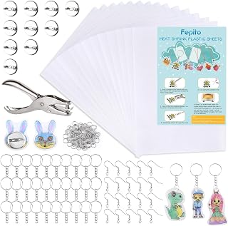 FEPITO 81 Pcs Shrinking Plastic Sheet Kit，Includes 20 Blank Heat Art Paper Sheets，Hole Punch,30 Keychains,20 Ear Hooks and 10 Brooches，Shrinkles Film Paper Craft Accessories for Kids