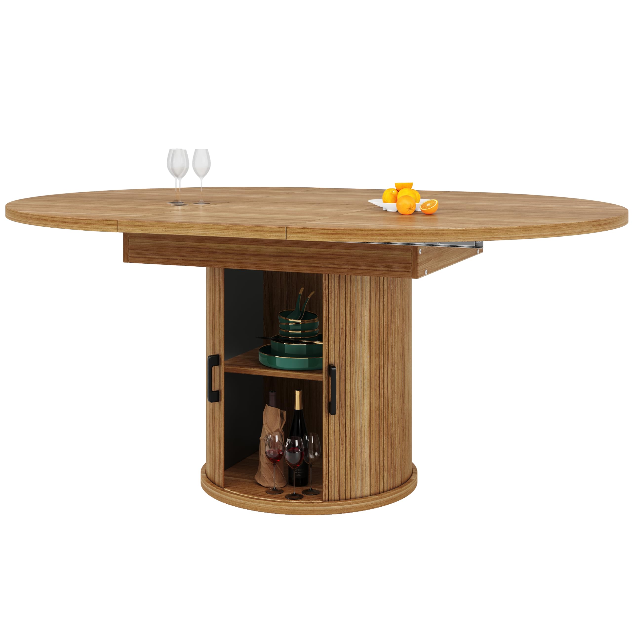 I0I&I0I Esstisch Ausziehbar Rund mit Stauraum – Küchentisch & Esszimmertisch Ø118-158 cm Oval, Platz für 6 Personen, Höhenverstellbare Füße, Modernes Design (Walnut)