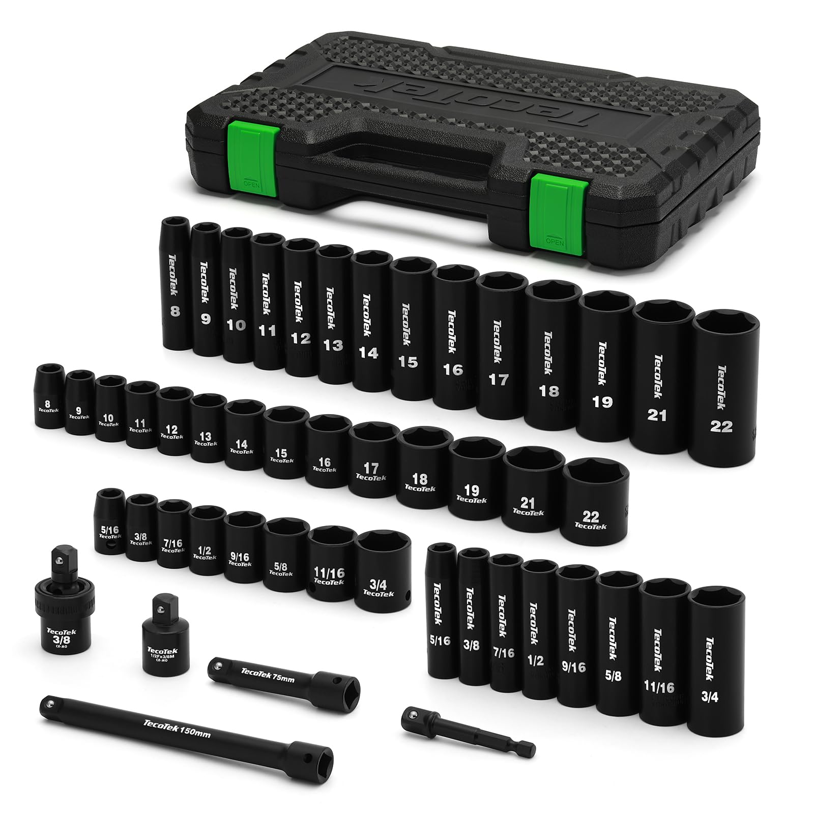 TecoTek 14-teiliges Schlag-Steckschlüssel-Set – 3/8 Zoll, Metrisch 7–19 Mm, CR-V Stahl