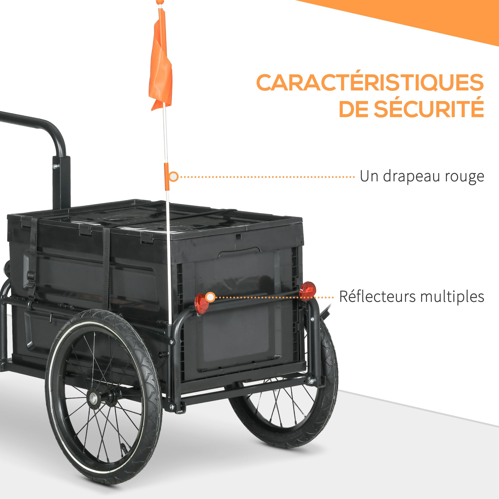 HOMCOM Rimorchio Carrello da bicicletta con vano portaoggetti rimovibile e pieghevole da 65 l, pneumatici e riflettori di sicurezza, carico massimo di 40 kg