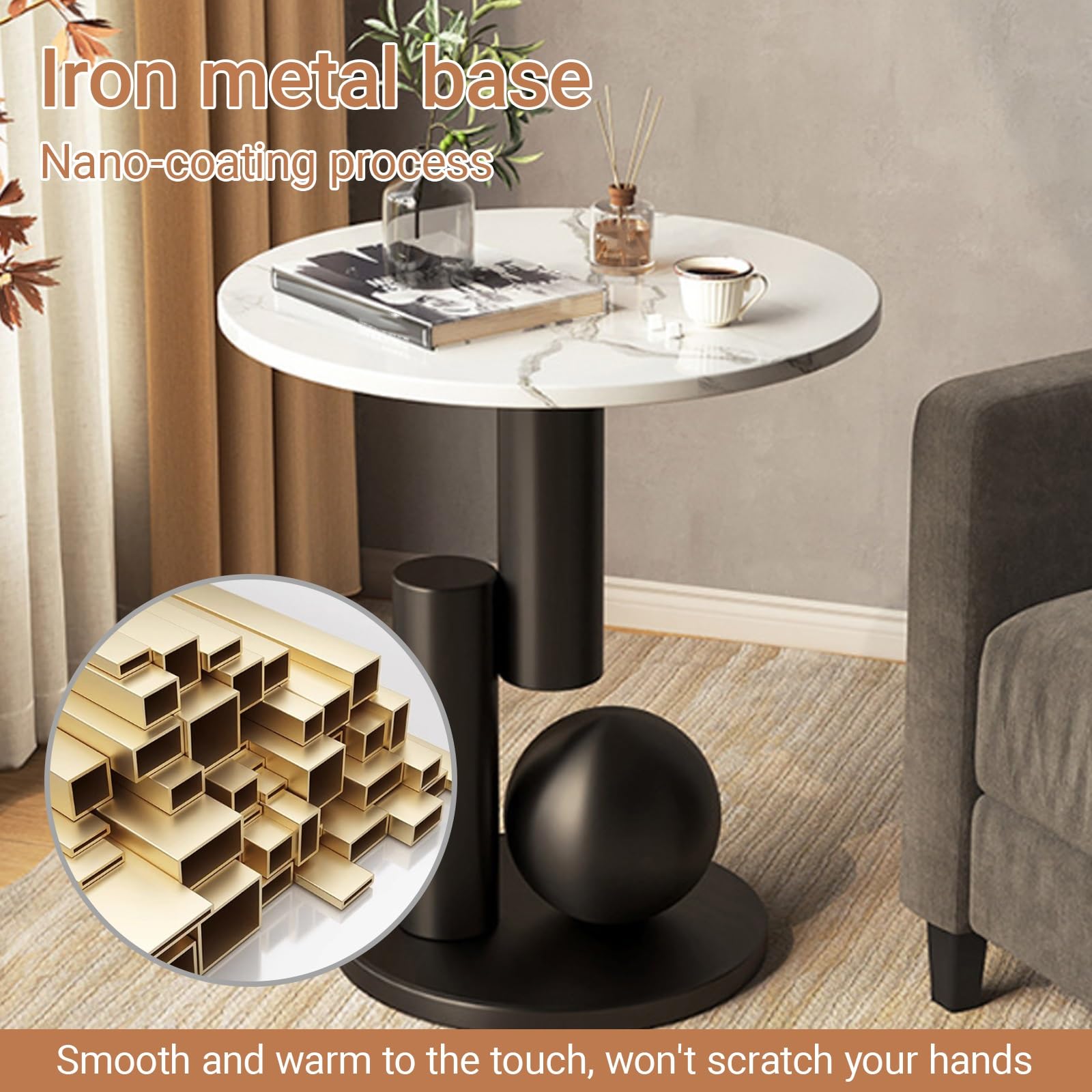 Elegante tavolino rotondo in marmo nero con base in metallo, mini tavolino per soggiorno e camera da letto, 40 x 55 cm, design moderno con angoli arrotondati