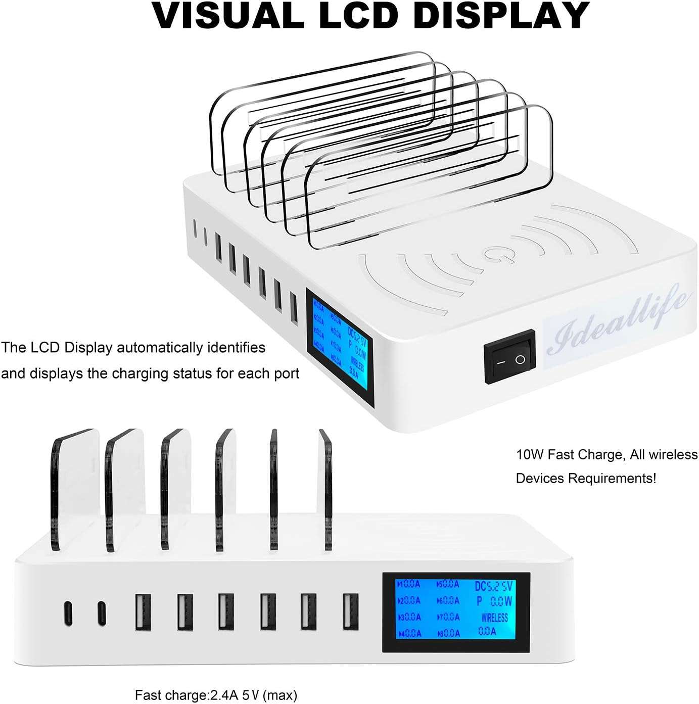 Blасk Frіdау - 40% оƒƒ ideallife Upgrade Wireless Charging Station for Multiple Devices 9-in-1 LCD Display QC 3.0 Fast Charging Dock Organizer with 8 USB Port 10W Qi Wireless Charging Pad Compatible with IPhone Ipad Samsung