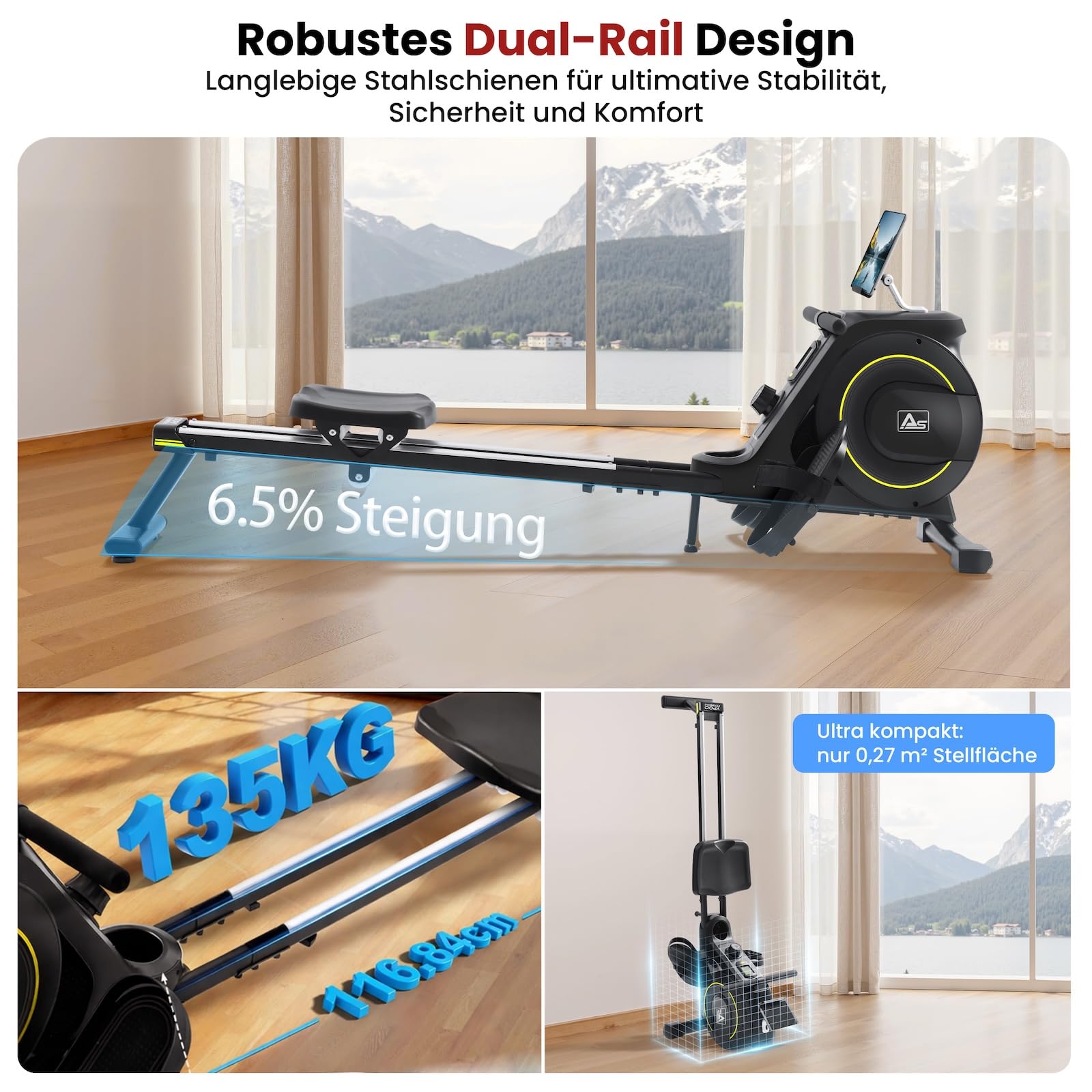 AsVIVA RA11 wioślarz domowy, 16 poziomów oporu, aplikacja Bluetooth, nachylenie szyny, do 135 kg