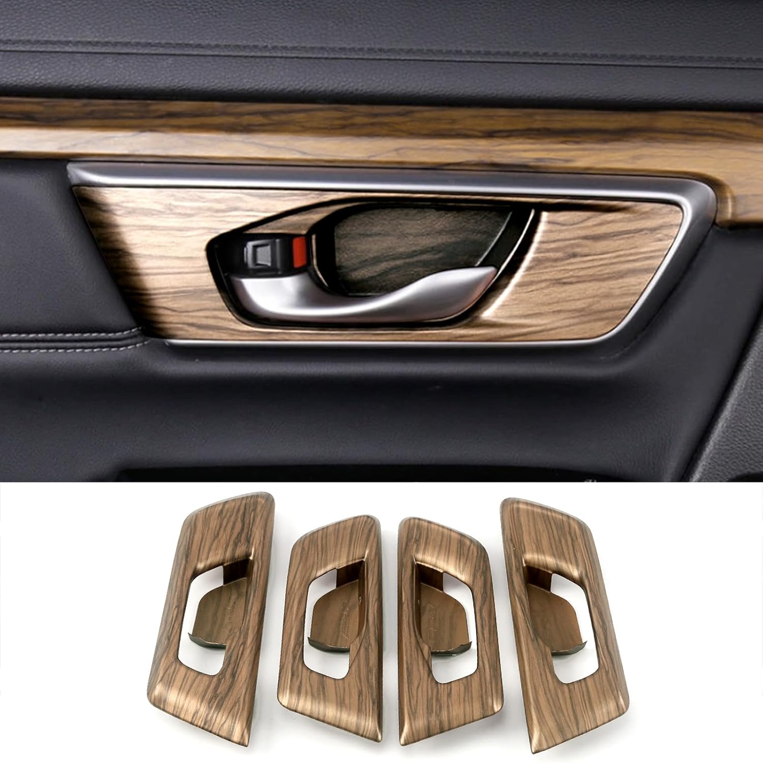 Car Accessories Fit for Honda CR-V CRV 2017 2018 2019 2020 2021 2022 Interior Door Handle Bowl Cover Trim Decoration Frame (Peach Wood) ABS 4 PCS Without Memory Seat Buttons