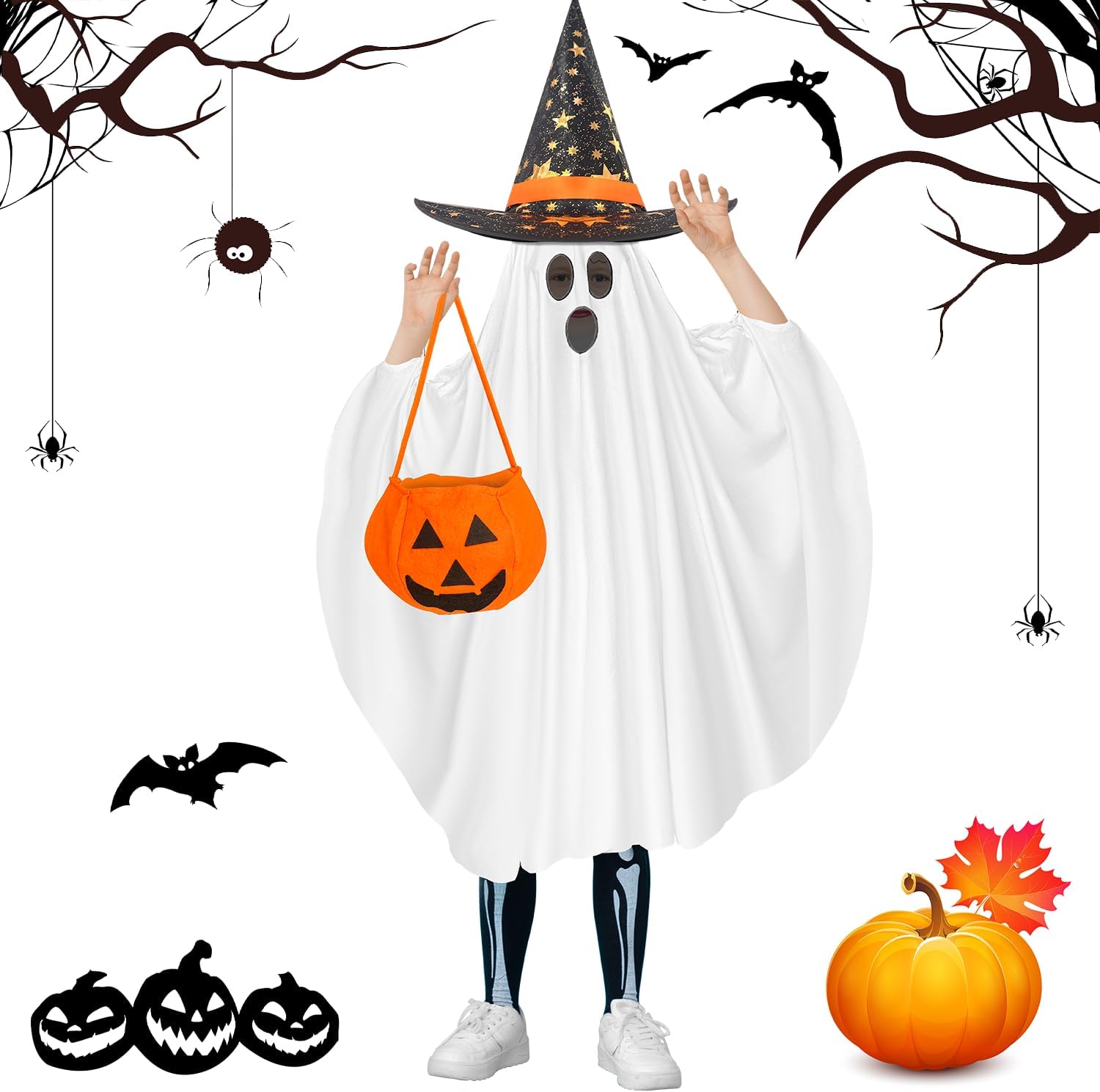 5 Pcs Halloween Ghost and Pumpkin Costume Set Include Ghost Pumpkin Ponchos Pumpkin Trick or Treat Bags Witch Hats Ghost Costumes for Halloween Cosplay Party Supplies
