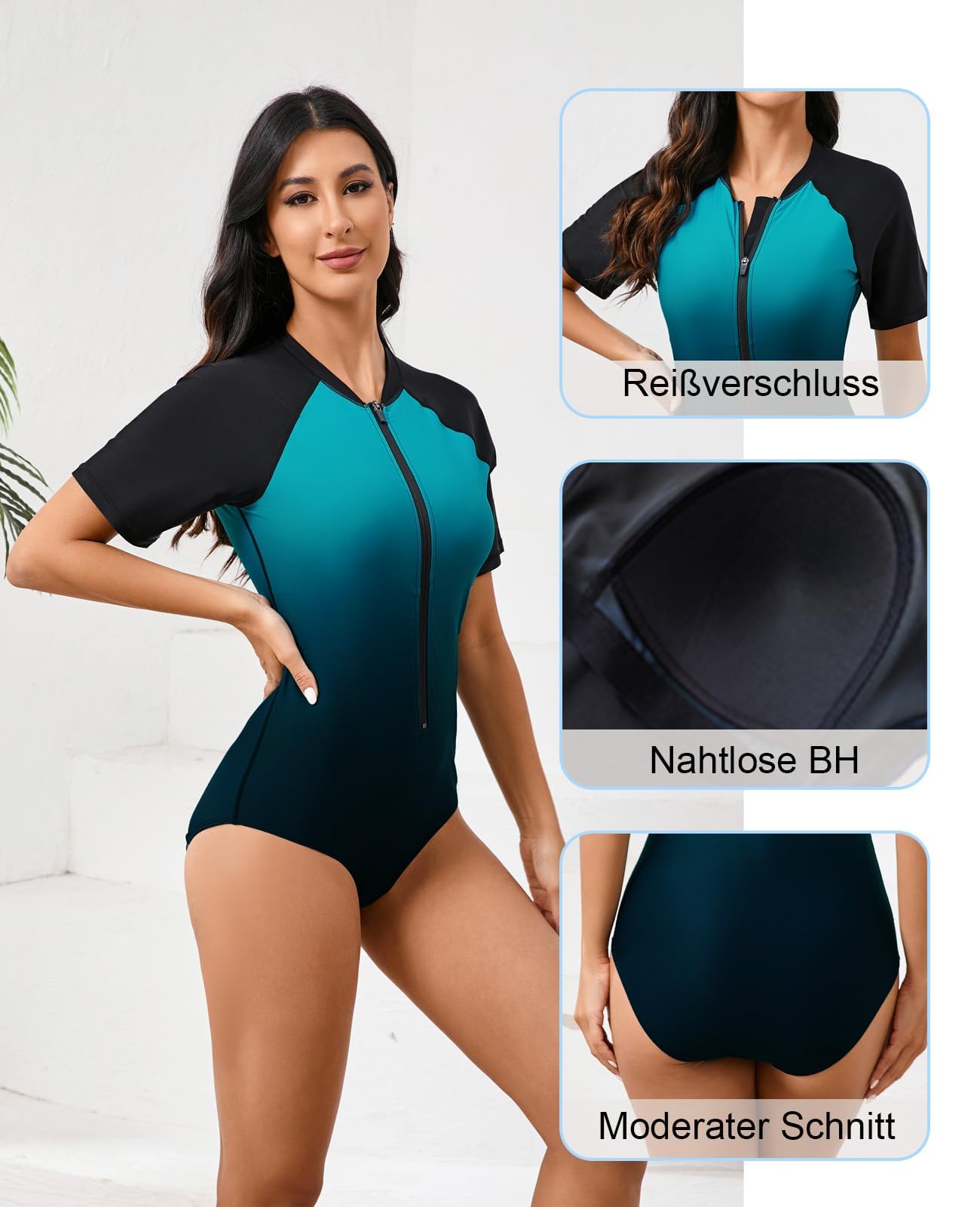 Halcurt UV Shirt Damen mit BH Kurzarm Einteiliger Badeanzug Zip Rash Guard UPF 50+ Sonnenschutz Badeshirt Schnell Trocknender Schwimmshirt S-XXL