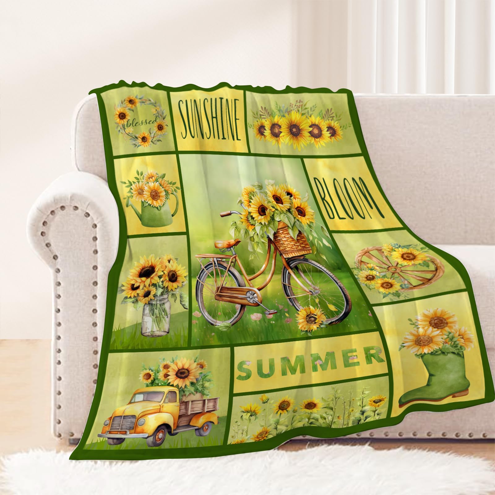 Summer Throw Blanket for Kids Small Farmhouse Sunflower Spring Summer Theme Blanket Gift for Baby Bed Couch Soft Fuzzy Fleece Blanket Yellow Floral
