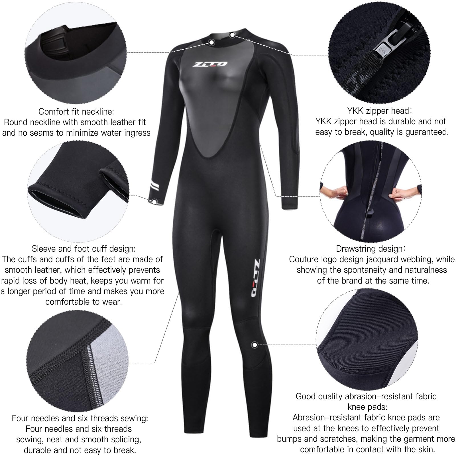 Combinaison en néoprène pour homme et femme - Manches longues - 3 mm - Avec fermeture éclair dans le dos - Pour la pêche au lancer, le surf, la plongée en apnée, le canoë, la plongée