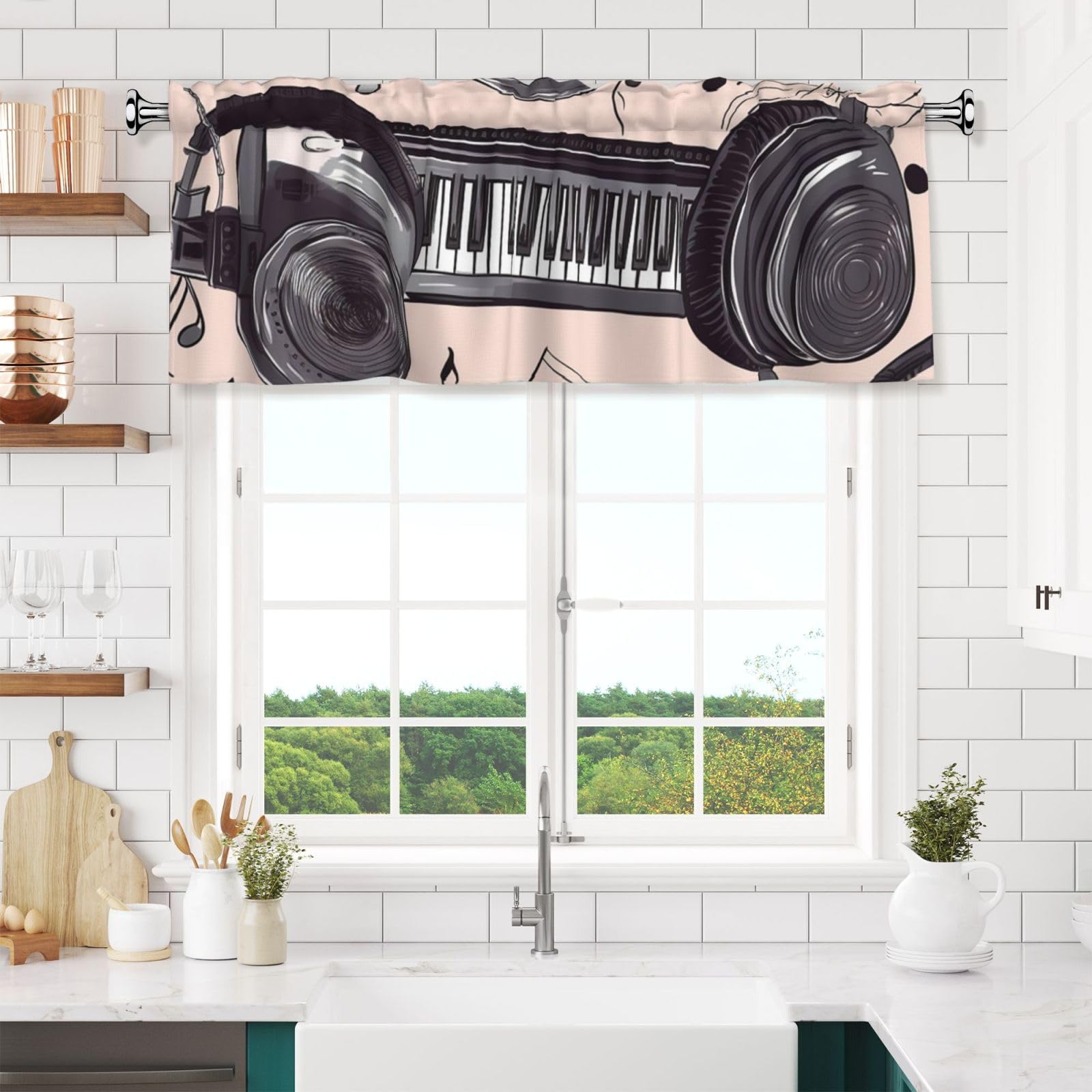 NONHAI Headphones and Piano Valances for Windows Short Curtains Rod Pocket Cafe Window Treatments Valance Curtains for Kitchen Bathroom Laundry Basement Windows 54x18inch Blackout Window Valance