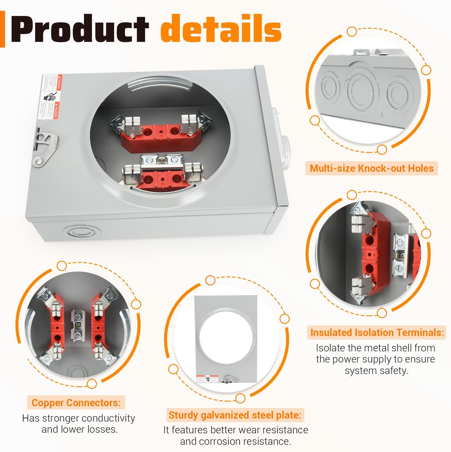 125 Amp Meter Socket, 4 Jaw Meter Base with Horn Bypass Meter Cover Plate, 600V 3 Wire Ring Type, Suitable for Overhead/Underground Feed