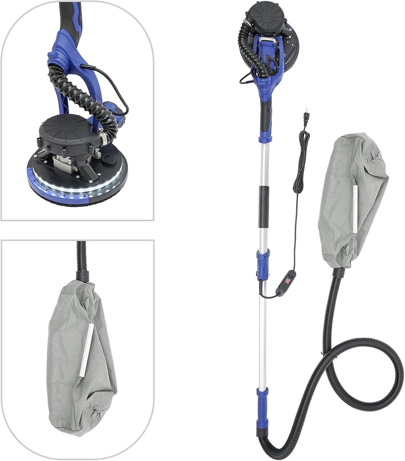 Electric Ceiling Wall Sander with Vacuum Dust Collection, 1250W Variable Speed Drywall Sander, Dustless Drywall Sander, 6 Variable Speed 800-1800RPM, dual Air Duct+6PCS Sandpapers, Sapphire Blue
