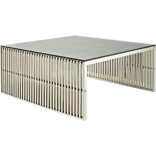 Modway Gridiron Stainless Steel Coffee Table With Tempered Glass Top