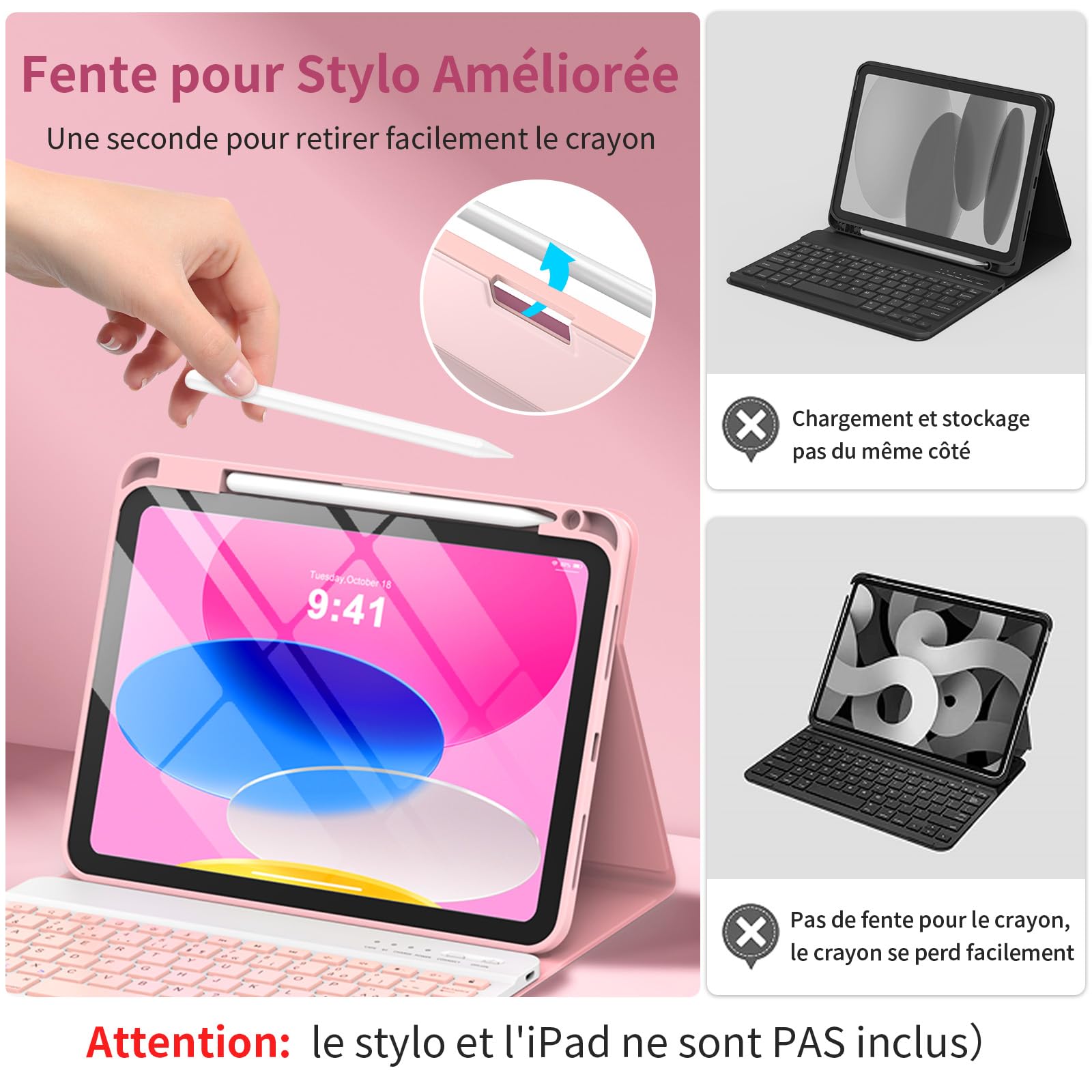 GAOJIE Coque Clavier pour iPad 11e Génération A16 2025/10e Génération 10,9 Pouces 2022, Coque de Protection avec Porte-Crayon, AZERTY Clavier Français Détachable sans Fil pour iPad 11/10.9''(Rose)