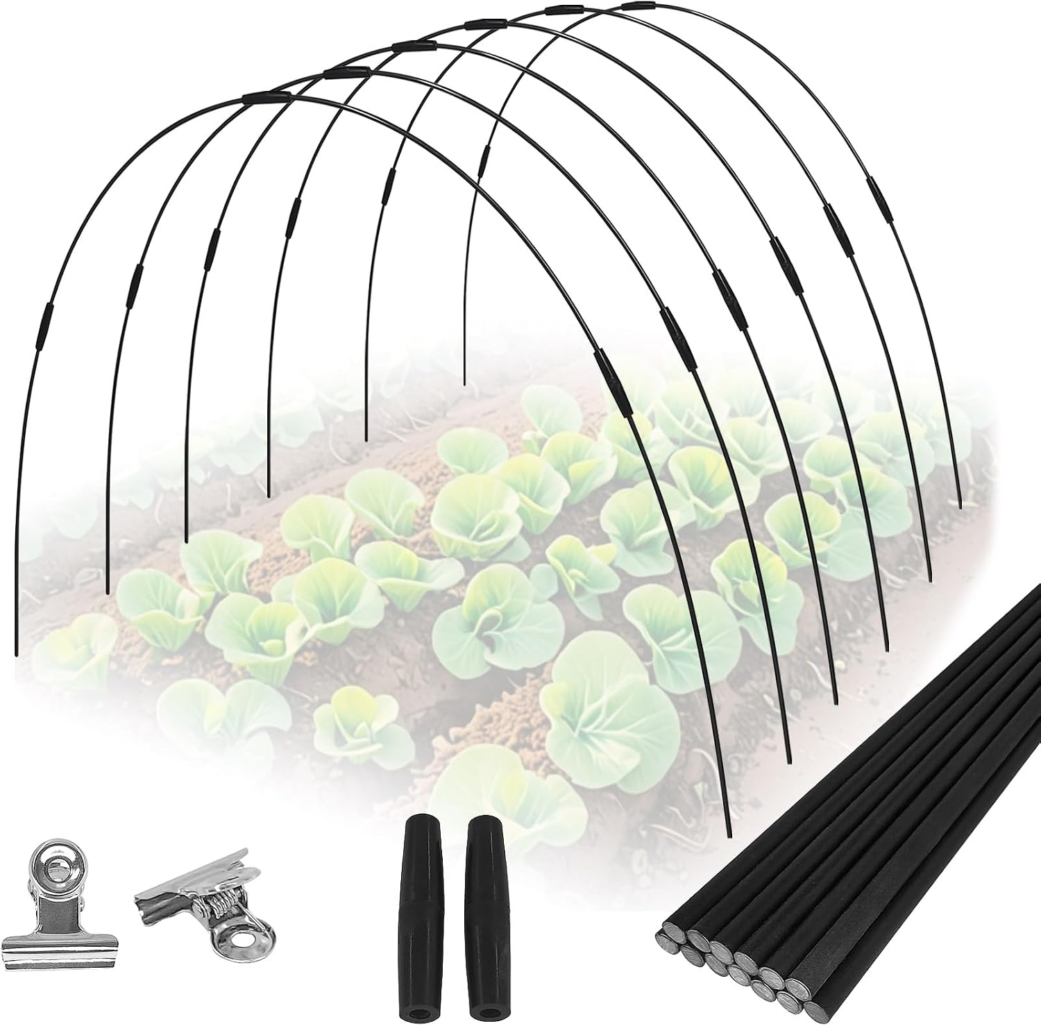 72PCS Garden Hoops Grow Tunnel Kit - 8FT Rust-Free Fiberglass Arches with Plastics Coating (12 Sets) for Raised Beds, Plant Support, Shade Cloth Net, Insect Netting & Row Cover Protection