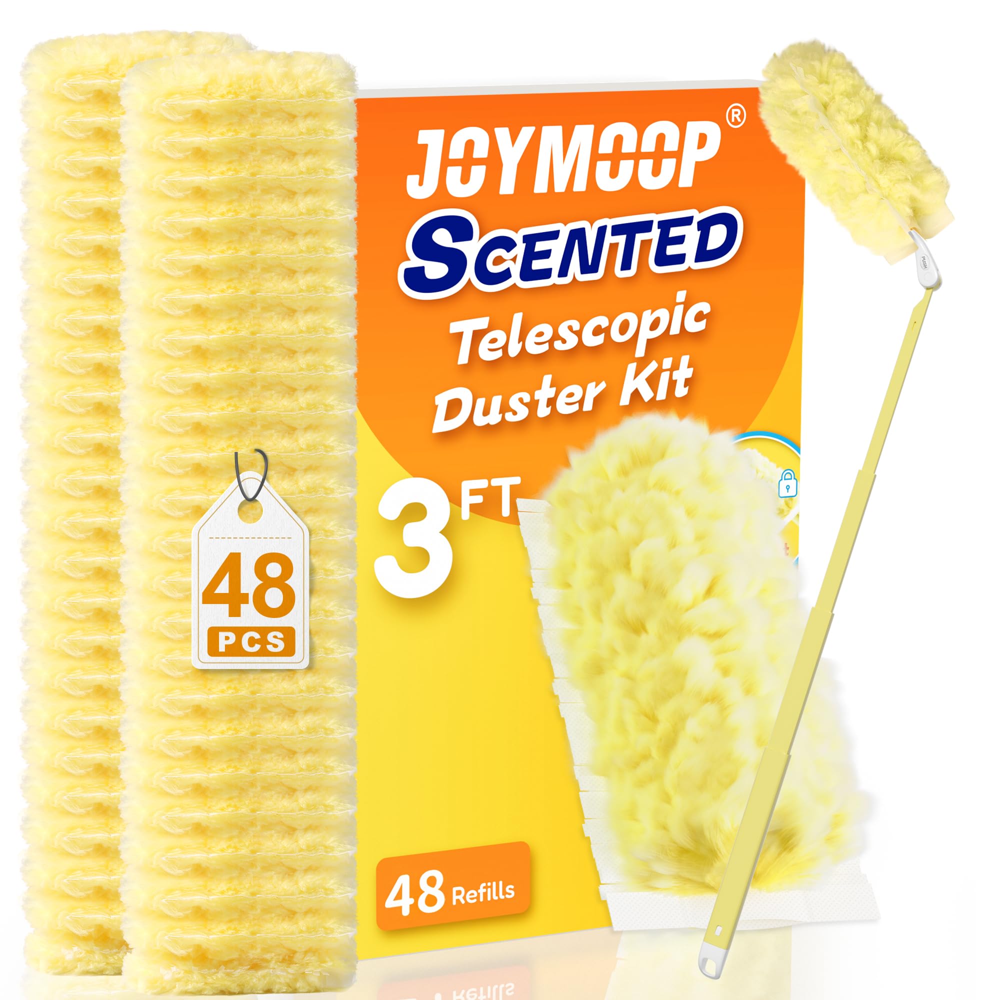 JOYMOOP Scented Telescopic Duster kit, 3FT Extendable Handle (Yellow) + 48 Yellow Refills for Swiffer Feather Duster,Easy Cleaning for Ceilings, Ceiling Fans, Blinds, Vents & Shelves