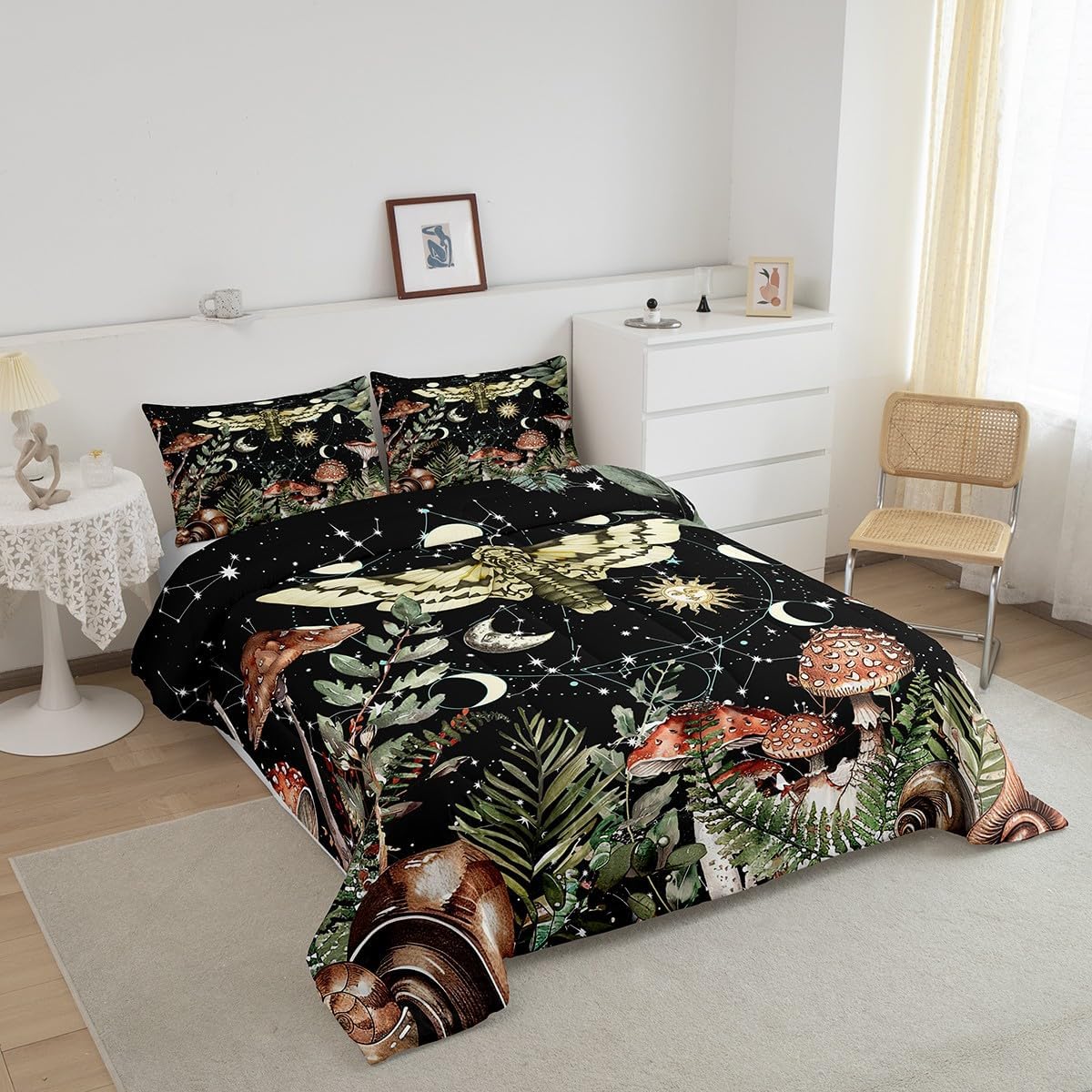 Castle Fairy Boho Moon Sun Starry Galaxy 3 Pcs King Size Comforter Set,Watercolor Mushroom Wild Jungle Plants Down Alternative Adults Bedroom Decor,Moth Skull Ultra Soft Inner Fill 3 Pcs Bedding