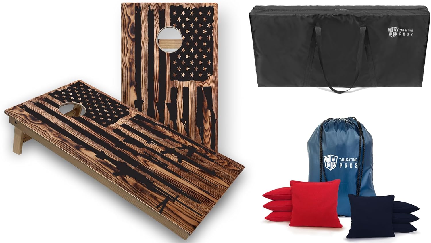 Tailgating Pros Tournament Grade American Themed Cornhole Board Set w/LED Rings, Bean Bags and Carrying Case - 4'x2' Cornhole Toss